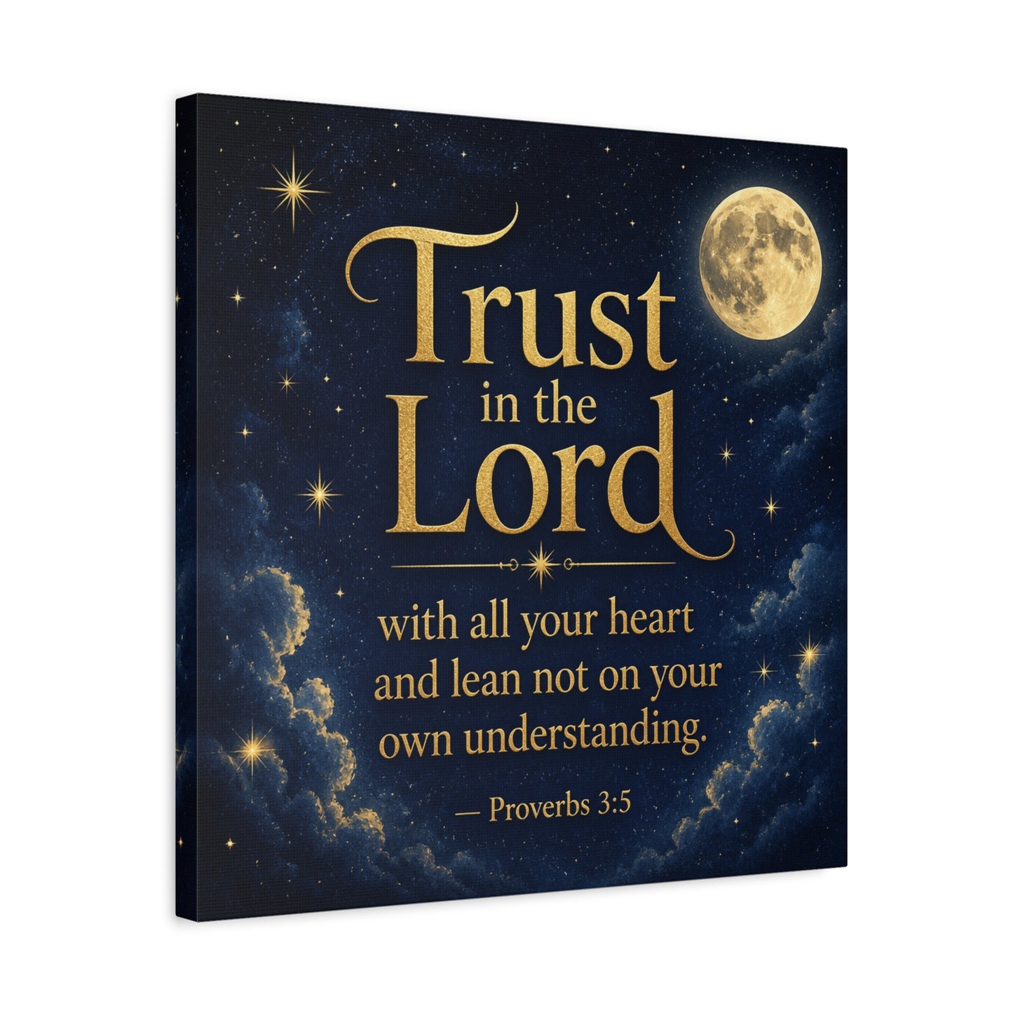 "Trust In The Lord" Bible Verse Canvas Wall Art - Moonlit Scripture Quote, Gold Typography, Christian Wall Decor - Traditional Night Sky Design - Bedroom Living Room Decoration - Ready to Hang