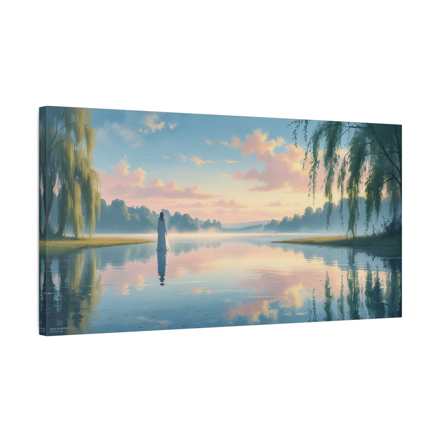 Woman In White By Misty Lake Canvas Wall Art - Pastel Sunrise Waterscape, Willow Trees Reflection - Matte Cotton Print - Contemporary Landscape Decor For Living Room Bedroom Office - Office Wall Art