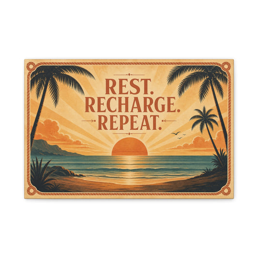 "Rest. Recharge. Repeat." Tropical Beach Sunset Canvas Wall Art - Vintage Coastal Typography, Retro Palm Tree Ocean Scene, Living Room Wall Decor, Bedroom Home Decoration - Bedroom Home Decoration