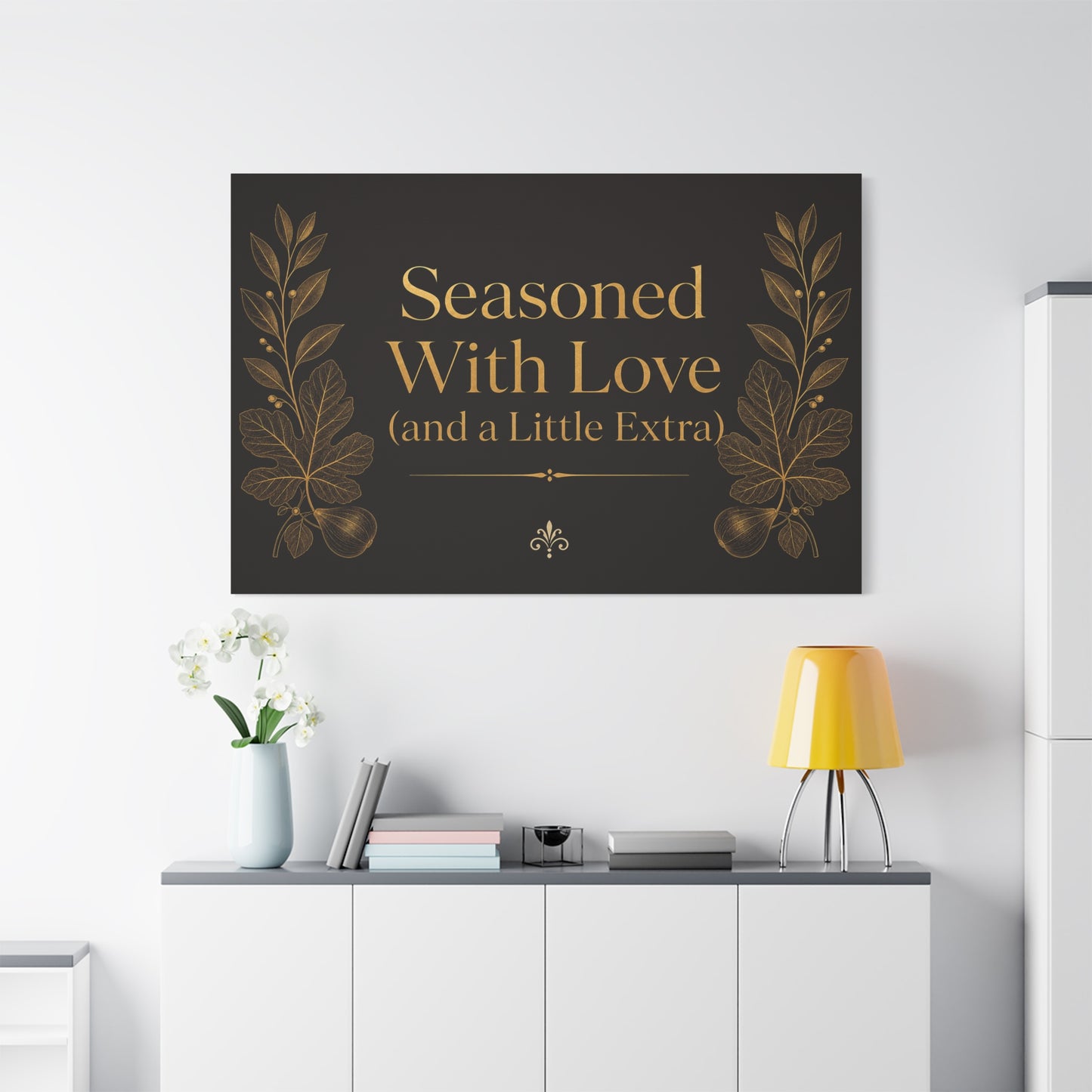 "Seasoned With Love (and a Little Extra)" Typography Canvas Wall Art - Black And Gold Kitchen Quote Decor, Vintage Botanical Cooking Wall Hanging, Dining Room Home Decoration - Bedroom Home Decoration