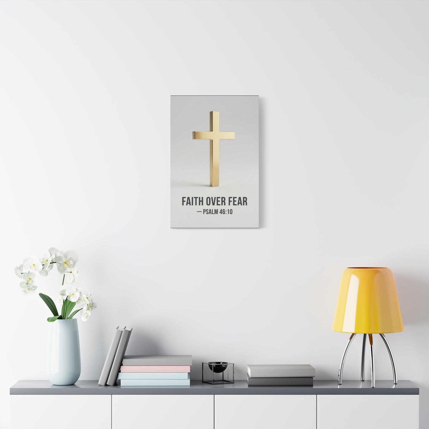 "Faith Over Fear" Psalm 46:10 Cross Canvas Wall Art - Gold Christian Scripture Print, Minimalist Religious Wall Decor - Modern Bedroom Home Decoration - Bedroom Home Decoration - Cozy Reading Nook Art