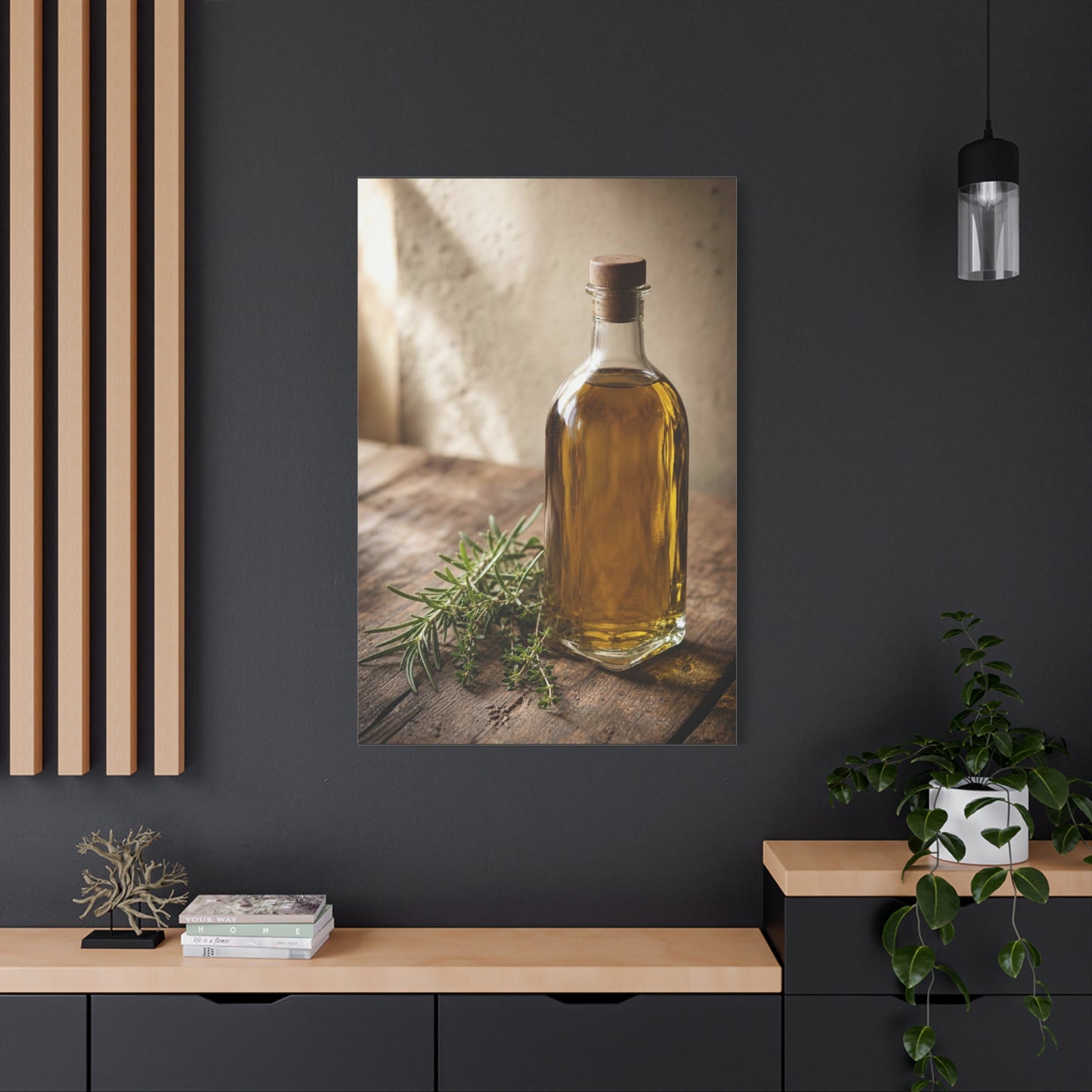 Olive Oil Bottle Canvas Wall Art - Rustic Kitchen Still Life, Rosemary Herb Art Print - Warm Neutral Farmhouse Style - Dining Room Wall Decor, Pantry Home Accent - Bedroom Home Decoration