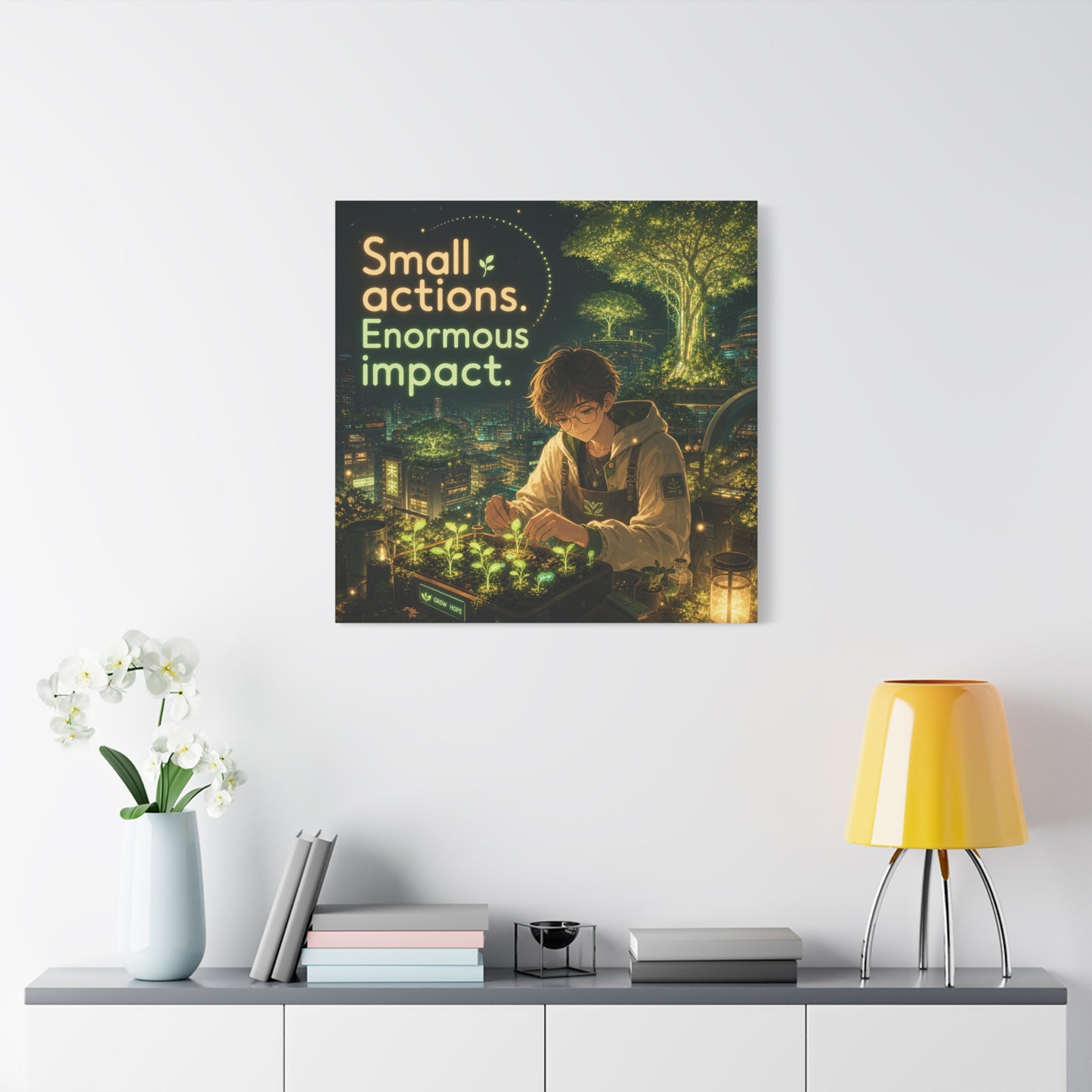 "Small Actions. Enormous Impact." Inspirational Canvas Wall Art - Anime Boy Gardening Cityscape - Glowing Green Night Illustration - Bedroom Home Decoration, Home Office Decor - Living Room Wall Decor