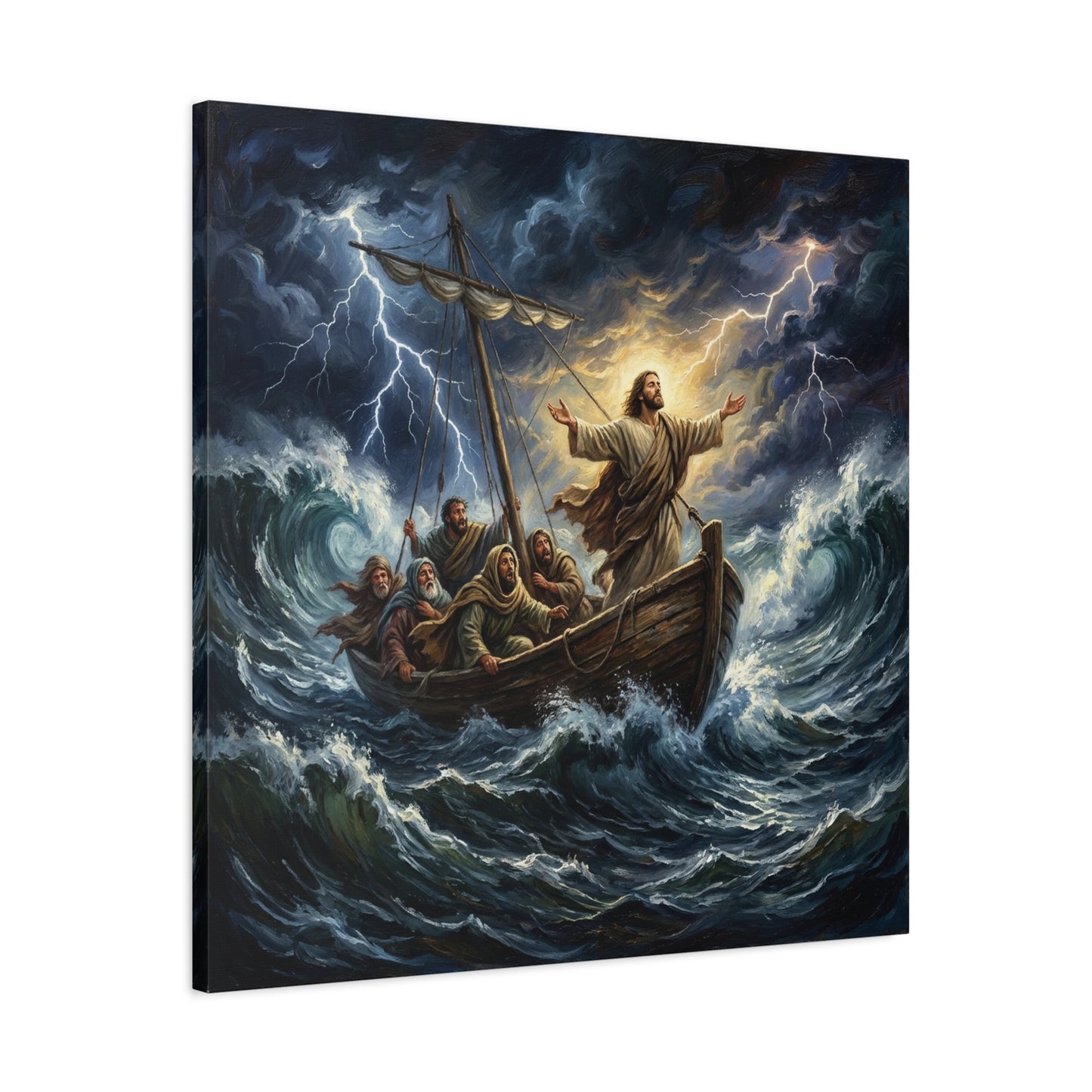 Jesus Calming The Storm Canvas Wall Art - Bible Boat Sea Scene, Dramatic Lightning Waves - Cotton Matte Print - Traditional Religious Decor For Living Room Office Bedroom - Living Room Wall Decor