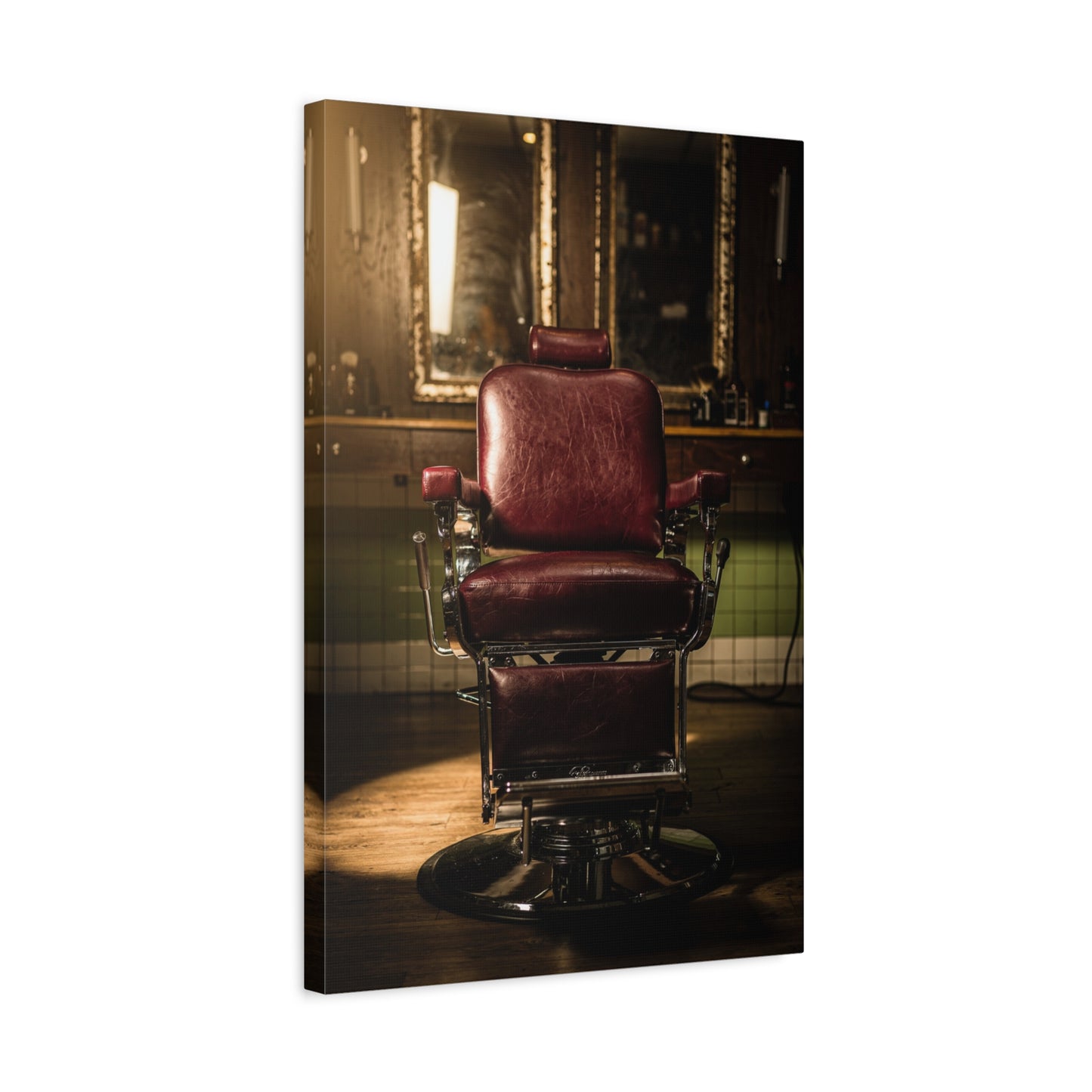 Vintage Barber Chair Canvas Print - Moody Barbershop Interior Art Print, Burgundy Leather Seat, Warm Cinematic Lighting - Rustic Contemporary Decor - Salon Wall Accent, Home Office Display