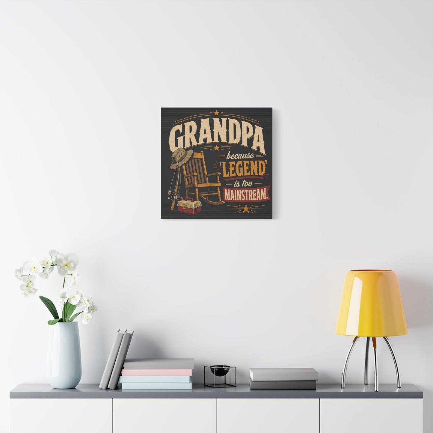 "Grandpa Because 'Legend' Is Too Mainstream" Canvas Wall Art - Vintage Fishing Rocking Chair Print - Rustic Typography Decor - Living Room Wall Decor - Ready to Hang - Bedroom Home Decoration