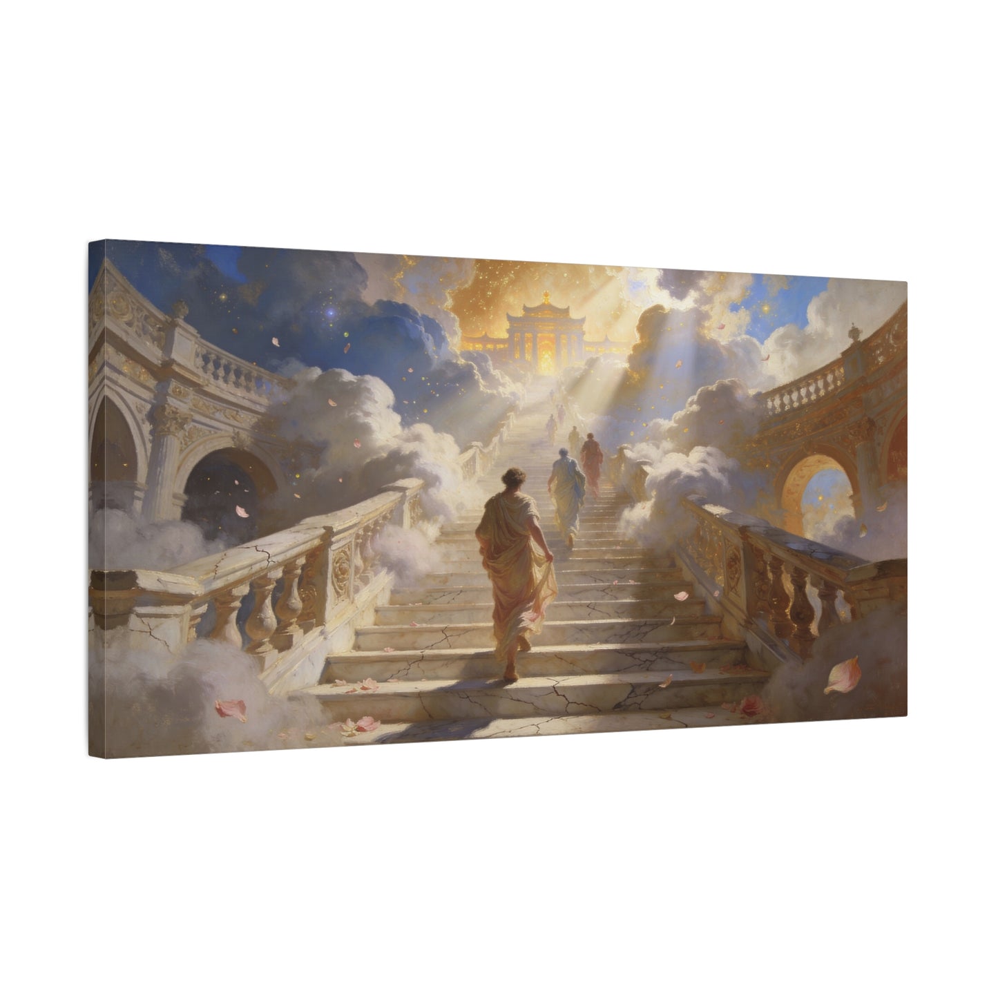 Celestial Stairway Canvas Wall Art - Figures Ascending Through Clouds, Golden Temple Light - Matte Cotton Art Print - Classical Fantasy Style - Living Room Wall Decor, Office Accent - Ready to Hang