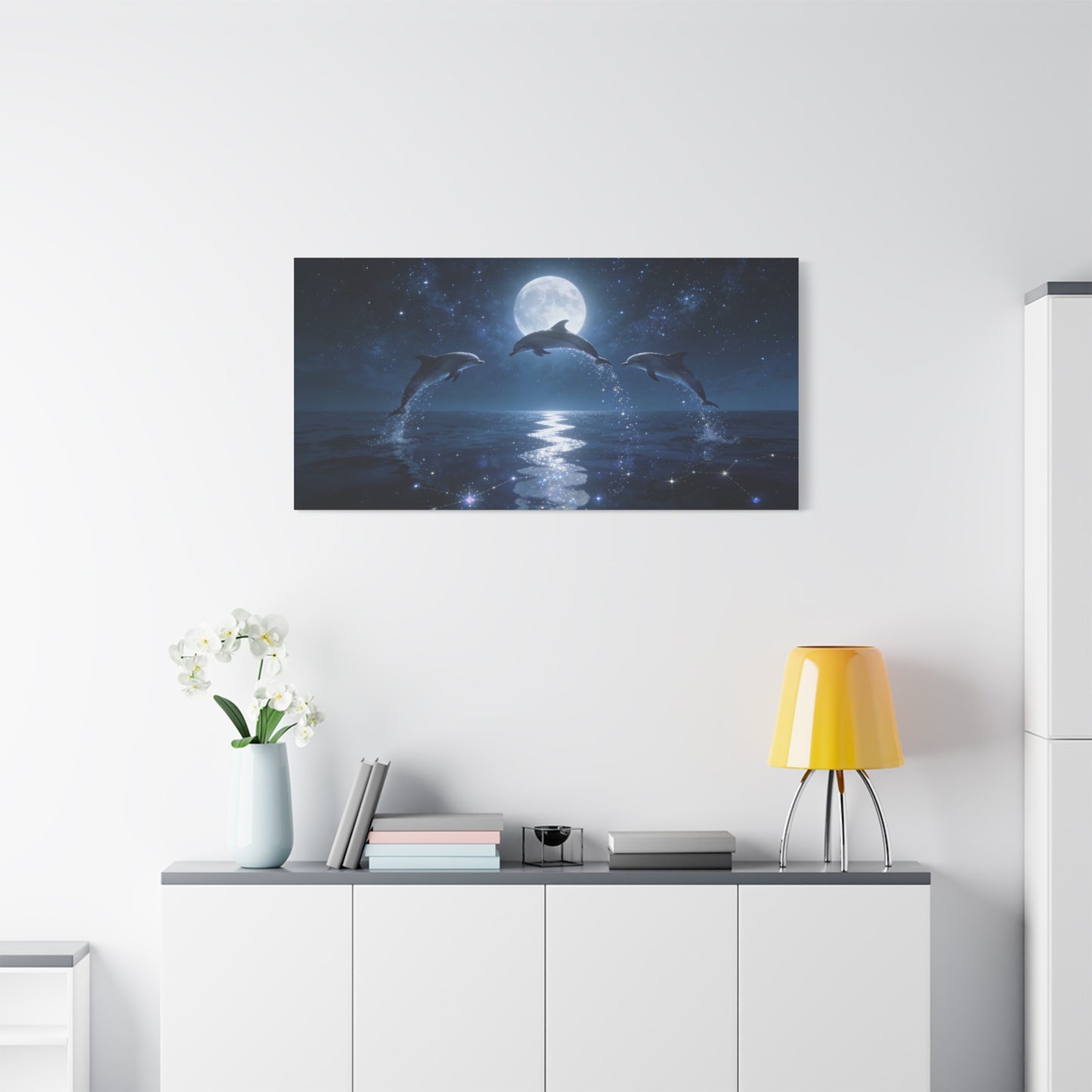 Moonlit Dolphin Canvas Wall Art - Starry Ocean Night Seascape Print - Celestial Blue Marine Decor, Matte Cotton Artwork - Bedroom Wall Decor, Living Room Home Decoration - Bedroom Home Decoration