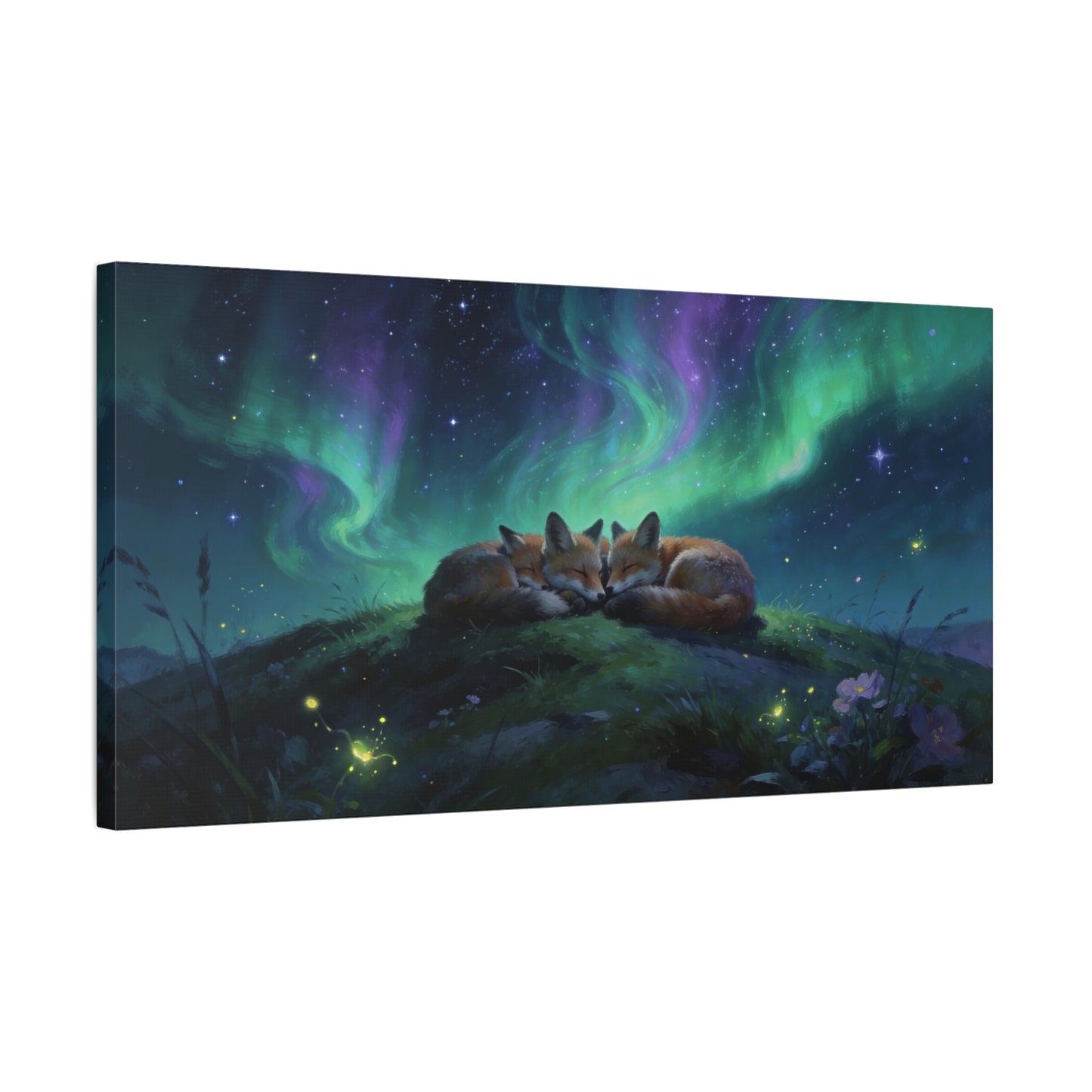Sleeping Red Foxes Canvas Wall Art - Aurora Borealis Night Sky Animal Print - Dreamy Matte Canvas Print, Whimsical Wildlife Style - Bedroom Home Decoration, Nursery Wall Hanging - Ready to Hang