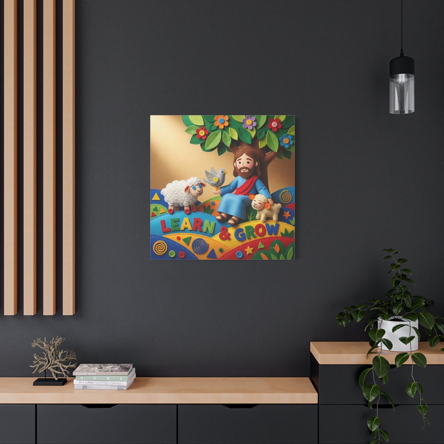 "Learn & Grow" Jesus Canvas Wall Art - Christian Nursery Decor, Lamb And Dove Under Tree - Colorful Felt Style Canvas Print - Kids Room Wall Hanging, Classroom Decoration - Ready to Hang