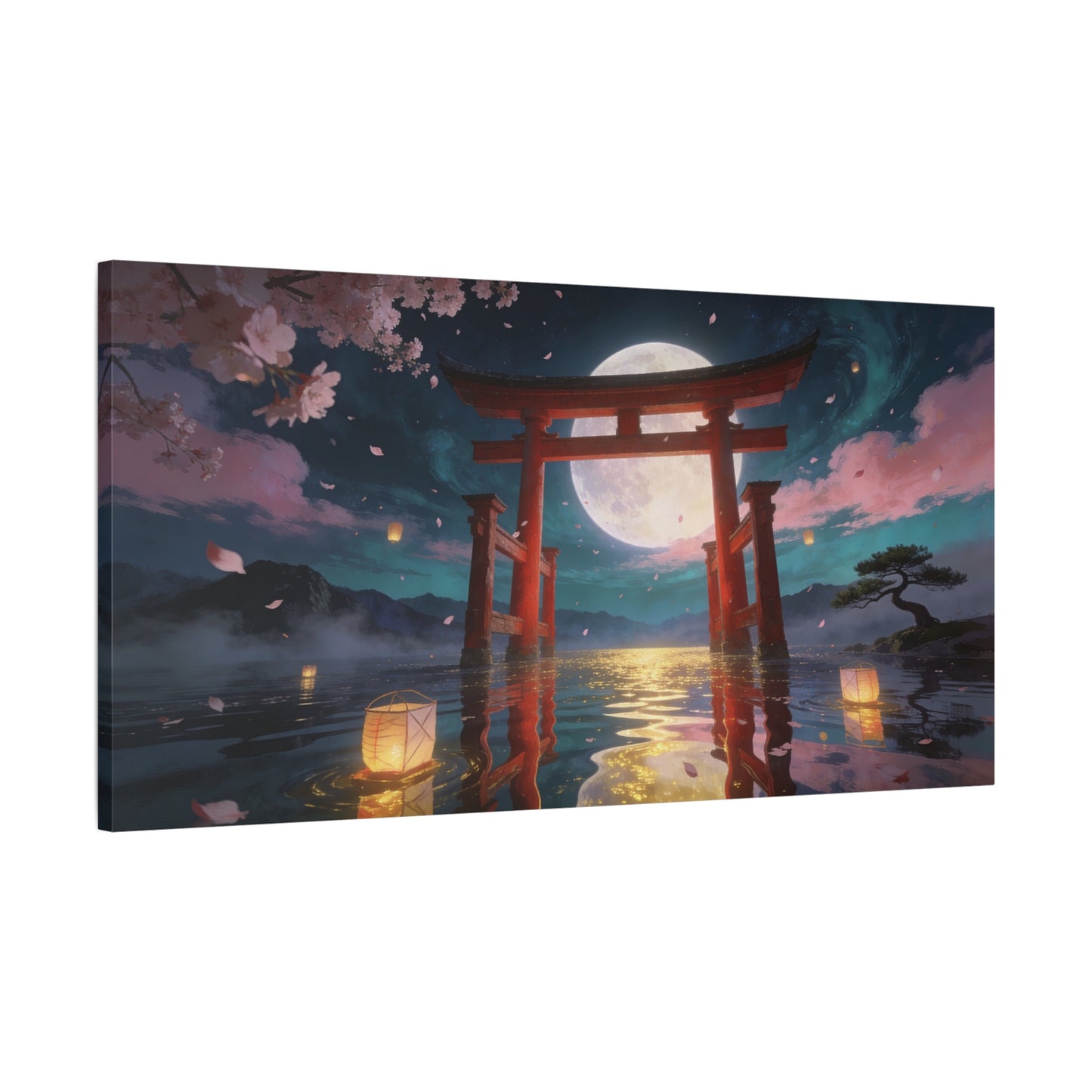 Japanese Torii Gate Canvas Wall Art - Moonlit Lake, Cherry Blossom Petals - Contemporary Fantasy Landscape - Living Room Wall Decor, Bedroom Home Decoration, Meditation Space - Bedroom Home Decoration