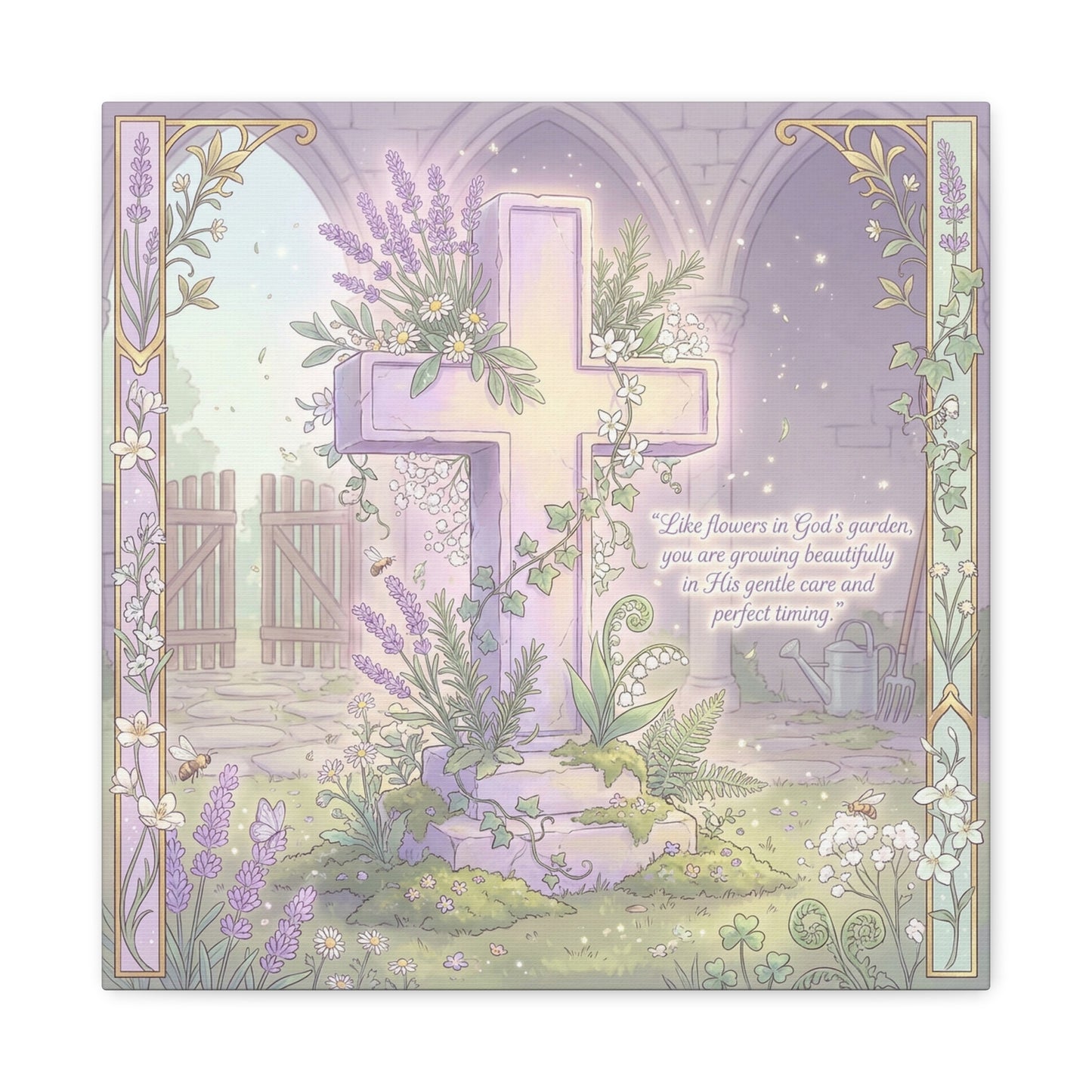 "Like Flowers In God's Garden, You Are Growing Beautifully" Christian Canvas Wall Art - Floral Cross Scripture Decor - Lavender Garden Illustration - Bedroom Home Decoration, Living Room Accent