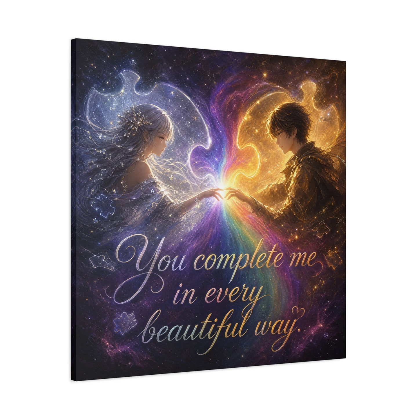 "You Complete Me In Every Beautiful Way" Romantic Couple Canvas Wall Art - Celestial Puzzle Soulmate Quote Print, Fantasy Love Decor - Bedroom Wall Hanging - Ready to Hang - Bedroom Home Decoration