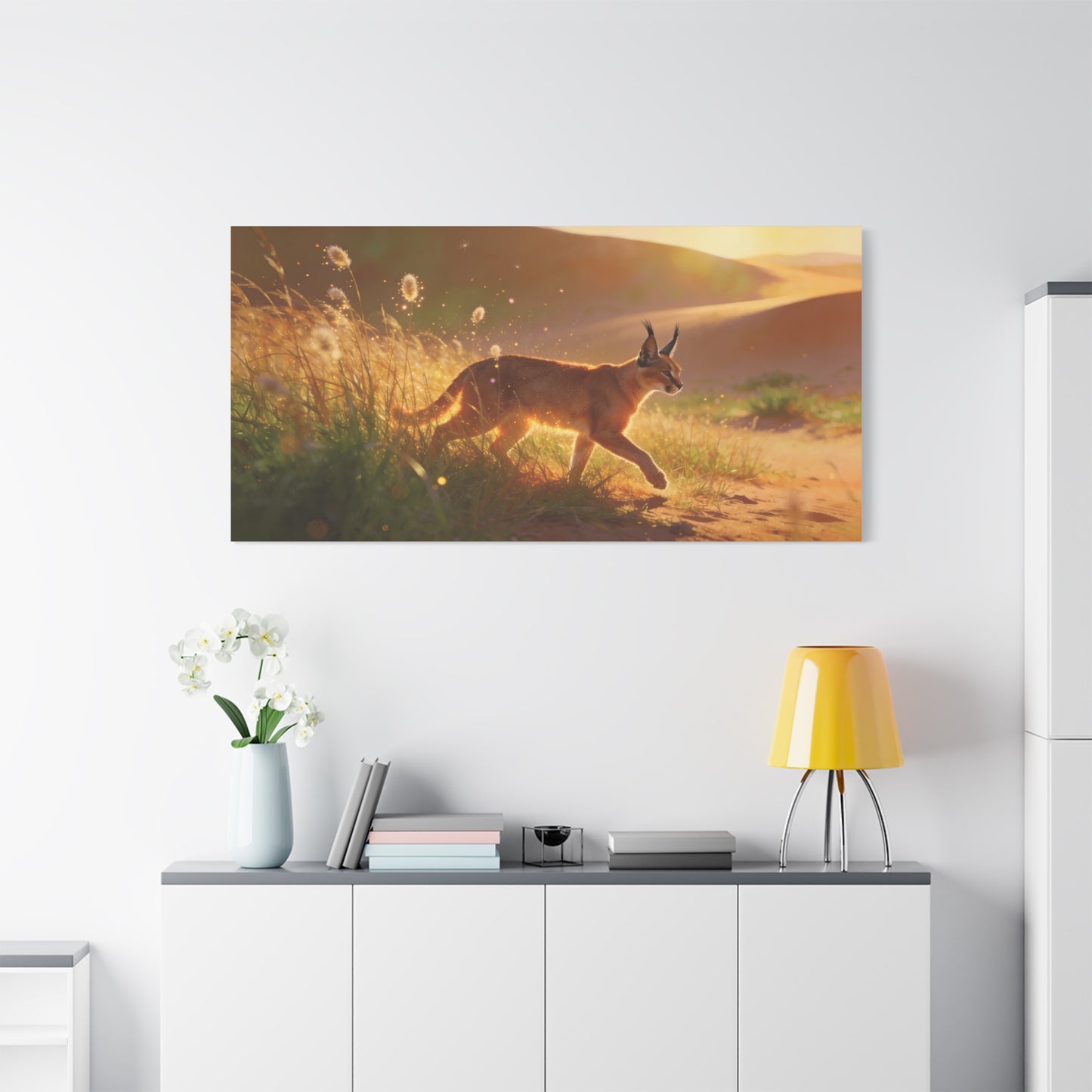 Caracal Canvas Wall Art - Golden Desert Wildlife Scene, Sunlit Grassland Illustration - Matte Cotton Art Print, Contemporary Nature Decor - Living Room Accent, Bedroom Decoration - Ready to Hang