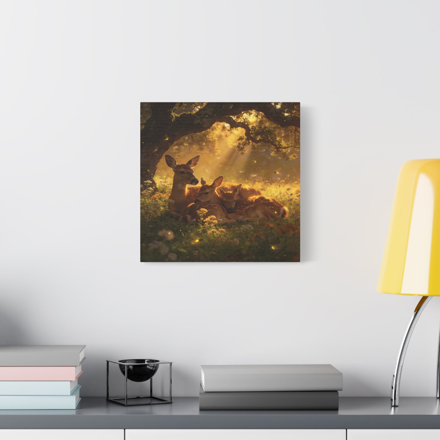 Doe And Fawns Canvas Wall Art - Woodland Deer Family In Golden Light, Whimsical Nature Scene - Matte Finish Cotton Print - Rustic Traditional Style - Bedroom Wall Decor - Bedroom Home Decoration