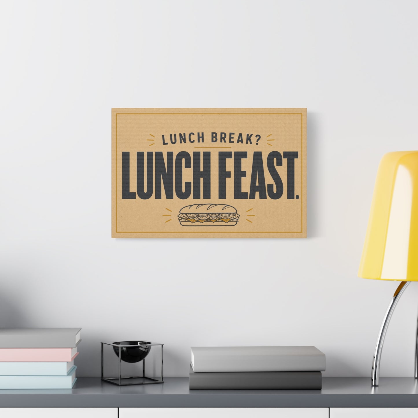 "Lunch Break Lunch Feast." Typography Canvas Wall Art - Vintage Humor Decor - Retro Deli Sandwich Illustration - Farmhouse Accent - Office Breakroom Wall Hanging - Ready to Hang - Sandwich Shop Sign
