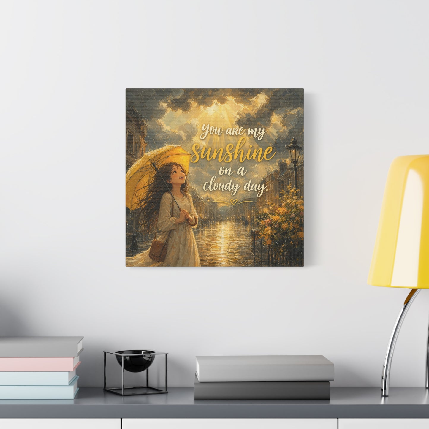 "You Are My Sunshine On A Cloudy Day" Canvas Wall Art - Girl With Yellow Umbrella Quote Print - Golden Rainy Street Painting, Inspirational Decor - Bedroom Home Decoration - Living Room Wall Decor