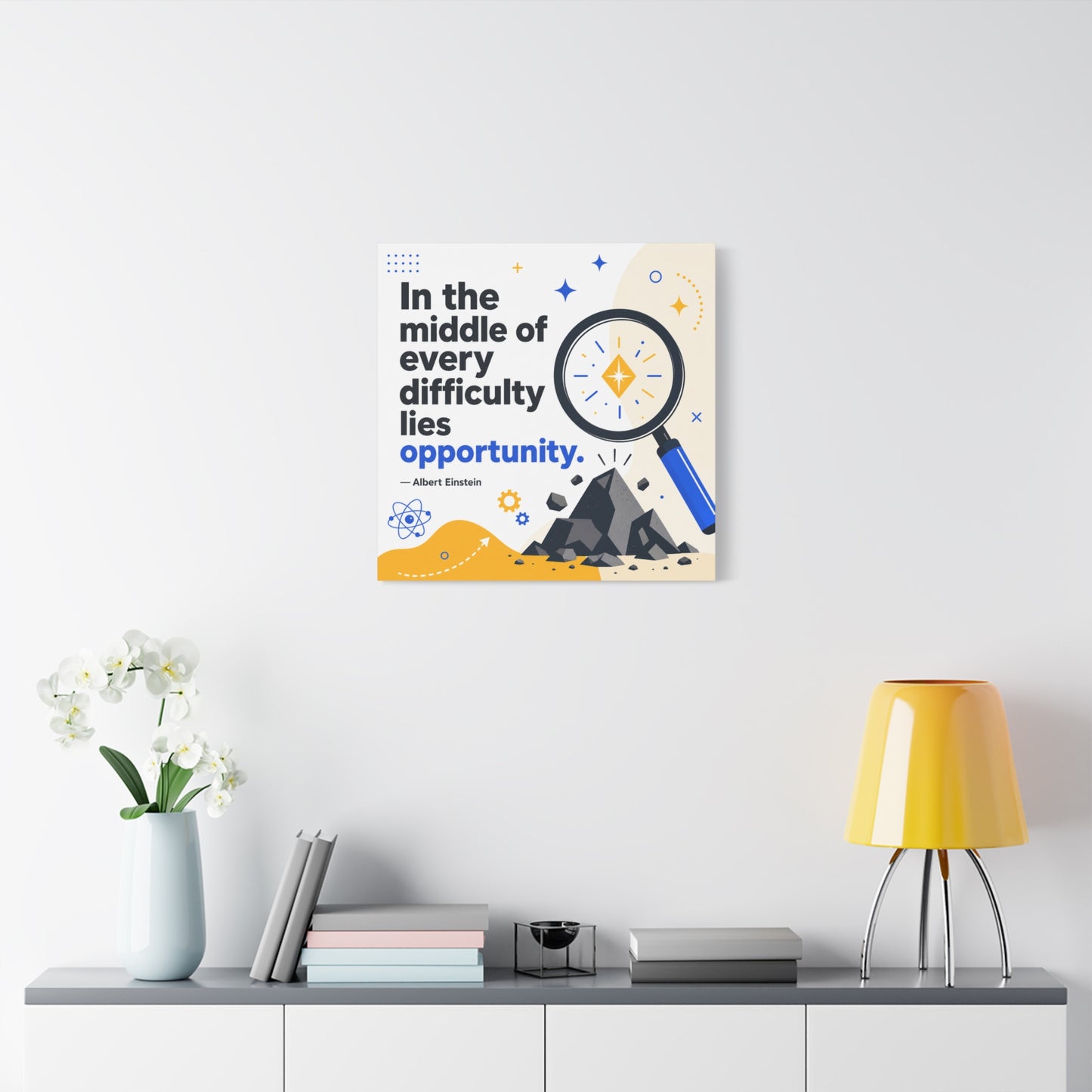 "In The Middle Of Every Difficulty Lies Opportunity." Einstein Canvas Wall Art - Motivational Quote Print, Blue Yellow Modern Typography, Office Decor, Classroom Inspiration, Study Room Accent