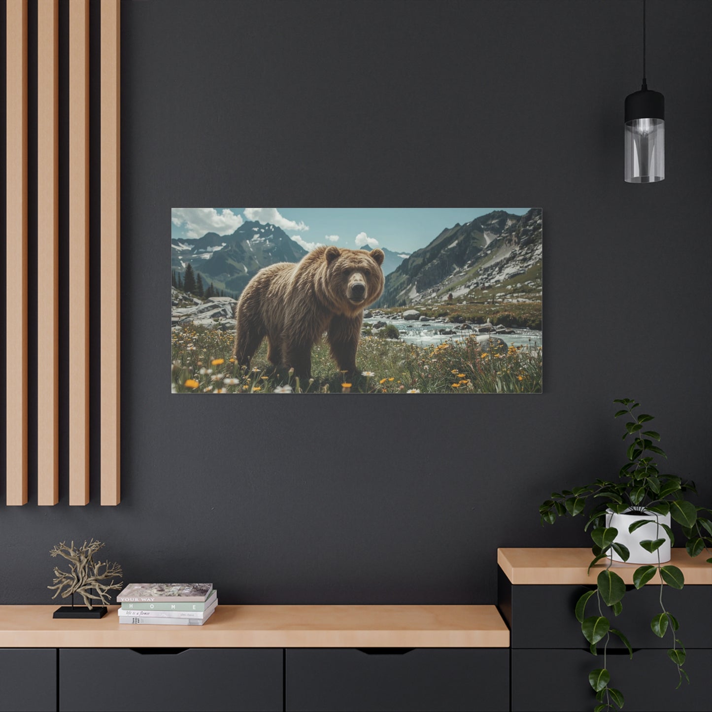 Grizzly Bear Canvas Wall Art - Alpine Mountain Meadow Wildlife Art Print - Rustic Nature Decor, Cotton Canvas - Living Room Wall Decor, Lodge Bedroom Home Decoration - Bedroom Home Decoration