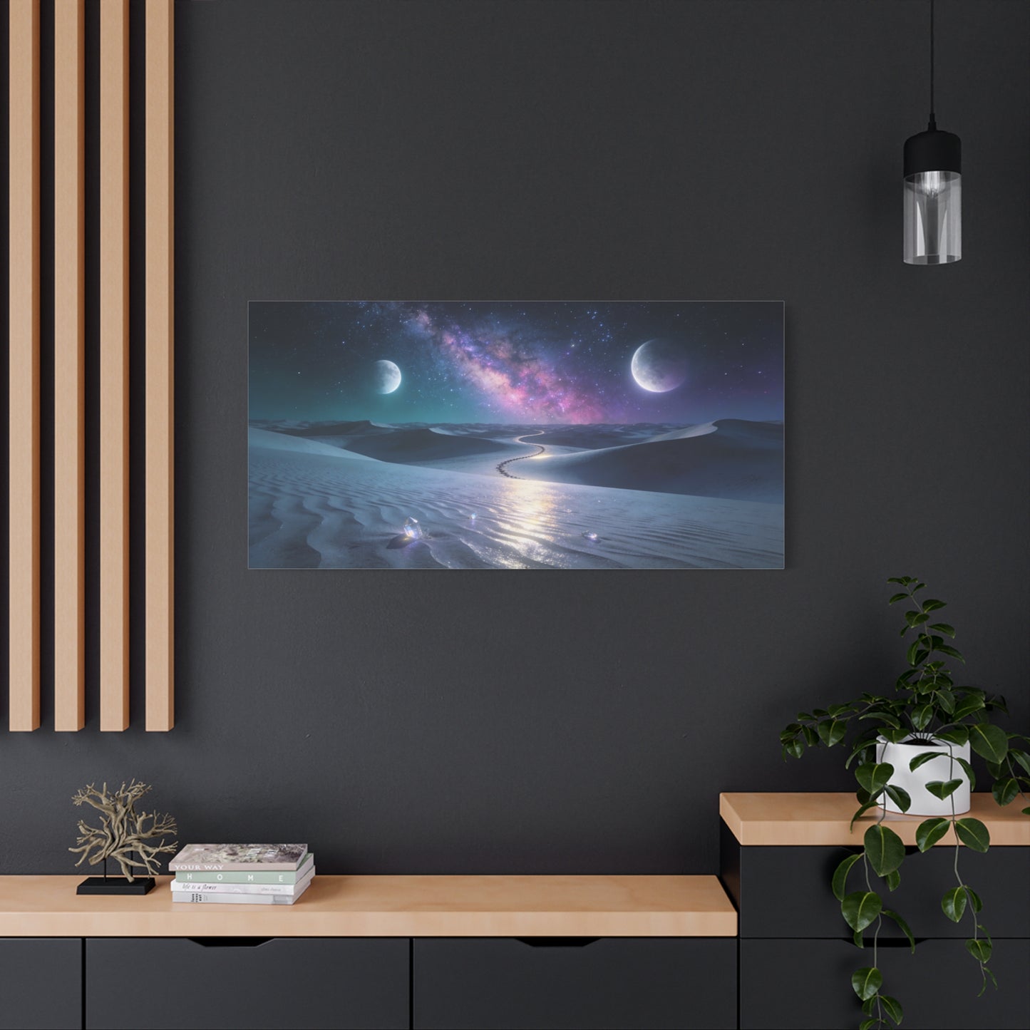 Celestial Desert Canvas Wall Art - Milky Way, Twin Moons, Luminous Dunes - Surreal Nightscape Cotton Print - Contemporary Style, Bedroom Home Decoration, Office Wall Decor - Bedroom Home Decoration