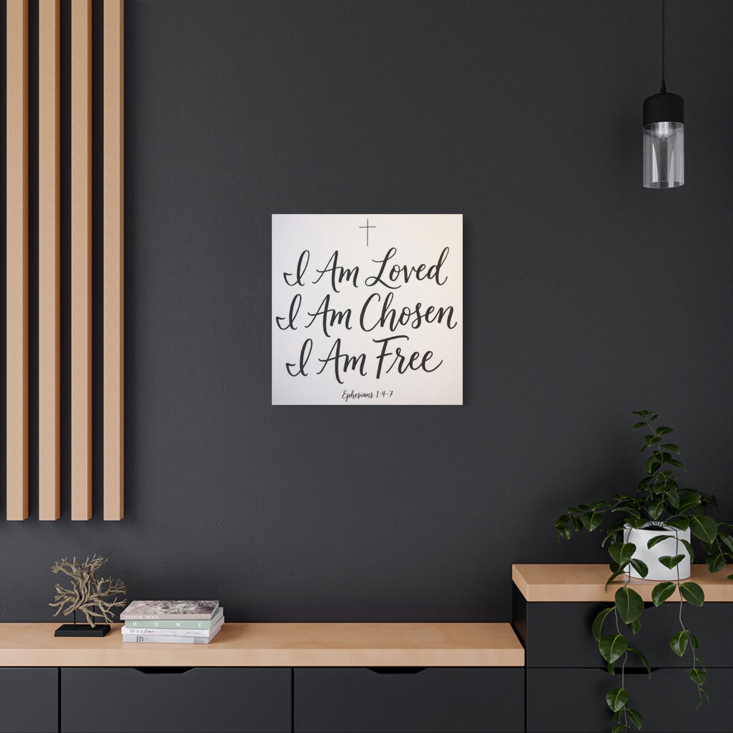 "I Am Loved, Chosen, Free" Christian Canvas Wall Art - Ephesians 1:4-7 Scripture Cross Print - Neutral Typography Decor - Bedroom Home Decoration, Living Room Wall Decor - Ready to Hang