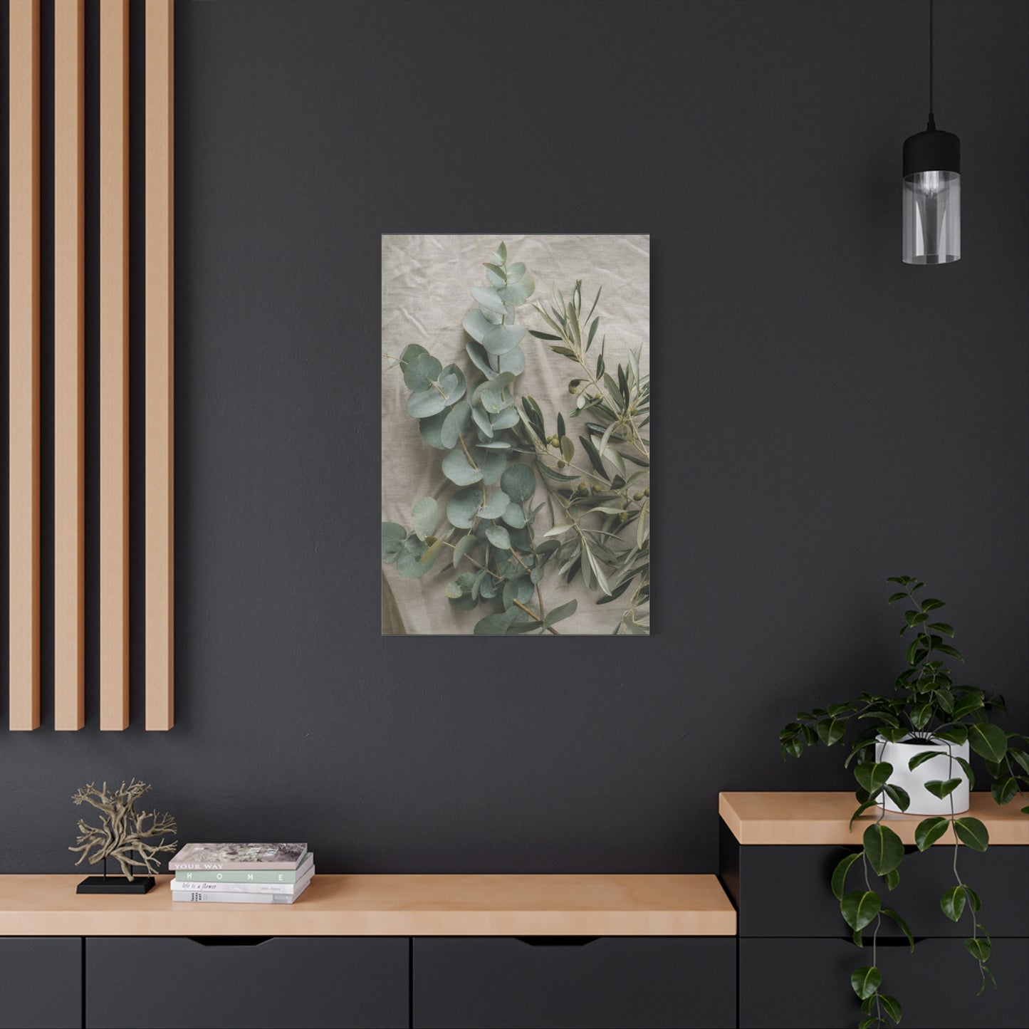 Eucalyptus And Olive Branch Canvas Wall Art - Botanical Still Life, Soft Sage Beige Tones - Matte Cotton Print, Minimalist Traditional Style - Bedroom Decoration, Spa Accent - Living Room Wall Decor