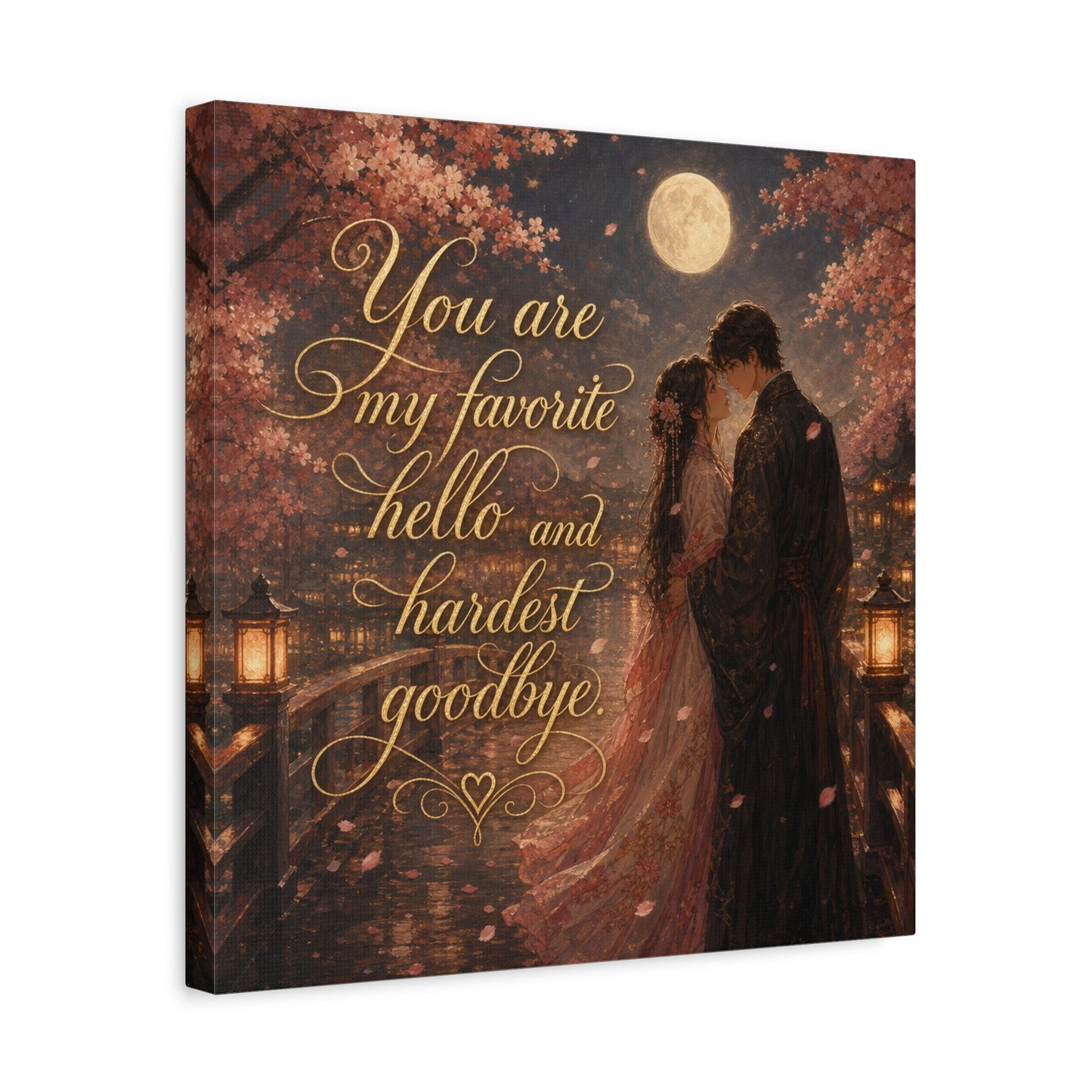 "You Are My Favorite Hello And Hardest Goodbye" Romantic Canvas Wall Art - Moonlit Cherry Blossom Couple, Gold Script Quote Print - Traditional Love Decor, Bedroom Wall Hanging - Cozy Reading Nook Art