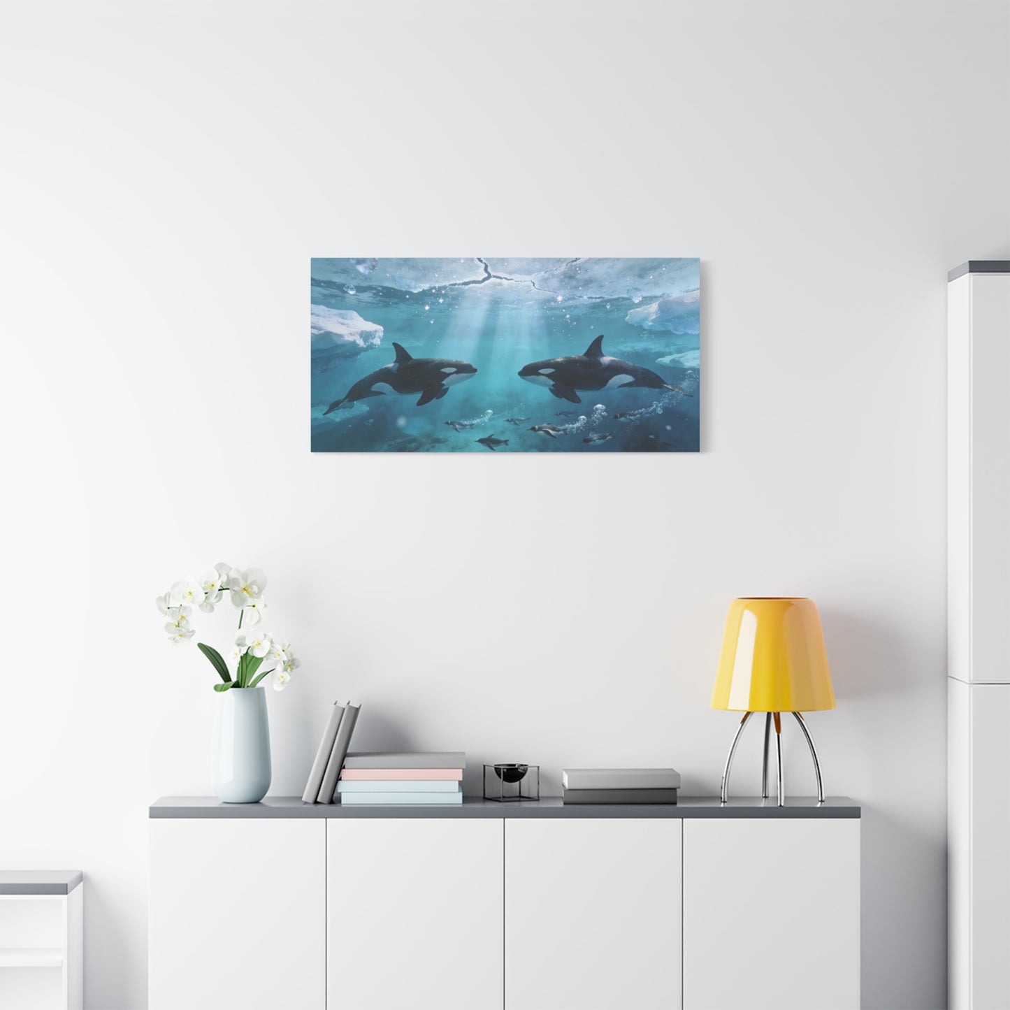 Orca Whale Canvas Wall Art - Arctic Ocean Underwater Scene, Penguins, Sea Ice - Coastal Wildlife Decor - Matte Canvas Print - Living Room Wall Decor, Bedroom Home Decoration - Bedroom Home Decoration