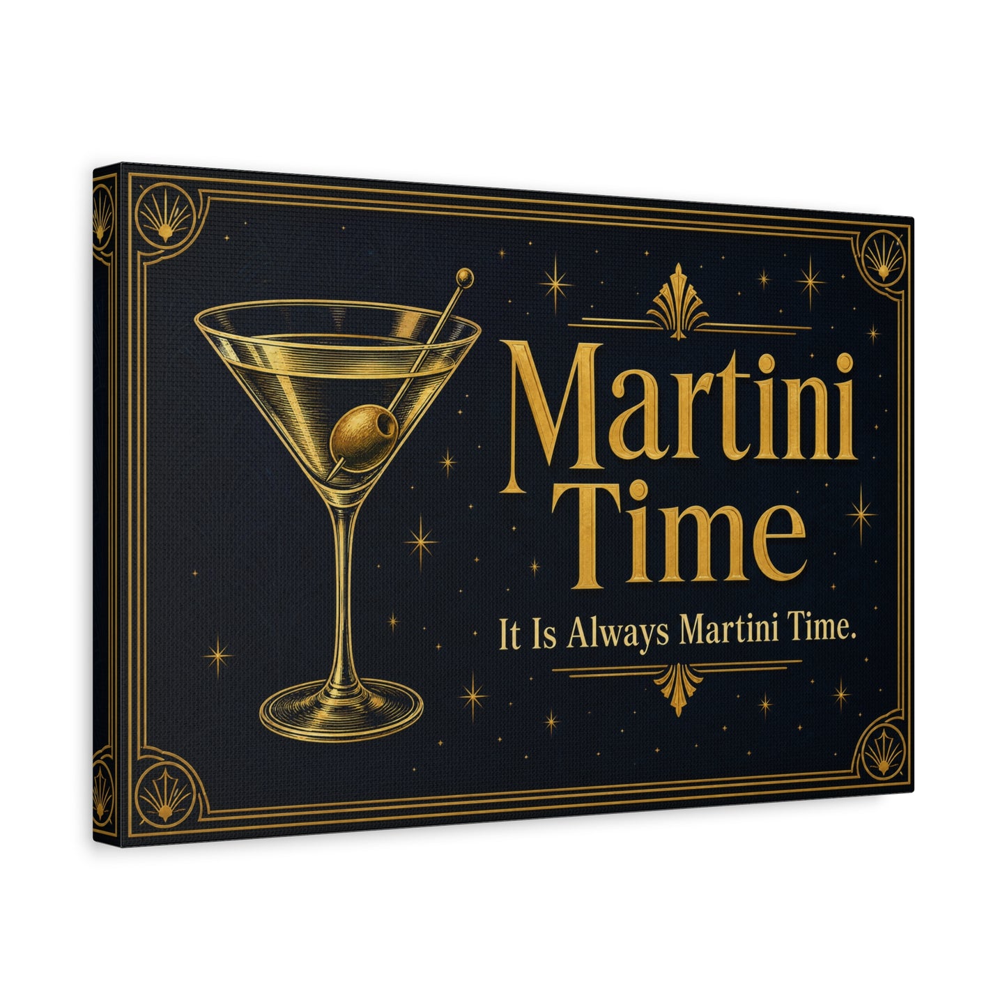 "Martini Time" Cocktail Canvas Wall Art - Art Deco Martini Glass Quote Print, Black And Gold Bar Cart Decor, Vintage Lounge Style - Ready to Hang - Ready to Hang - Tavern Wall Decor - HP Latex Print