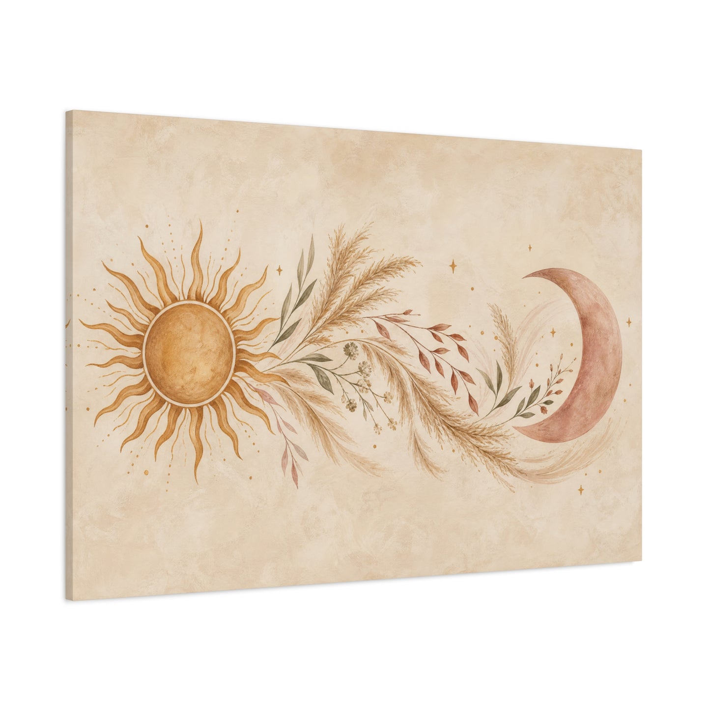 Boho Sun And Moon Canvas Wall Art - Celestial Botanical Pampas Grass Print - Neutral Beige Terracotta Modern Bohemian Decor - Bedroom Living Room Wall Decor - Meditation Space Accent - Ready to Hang