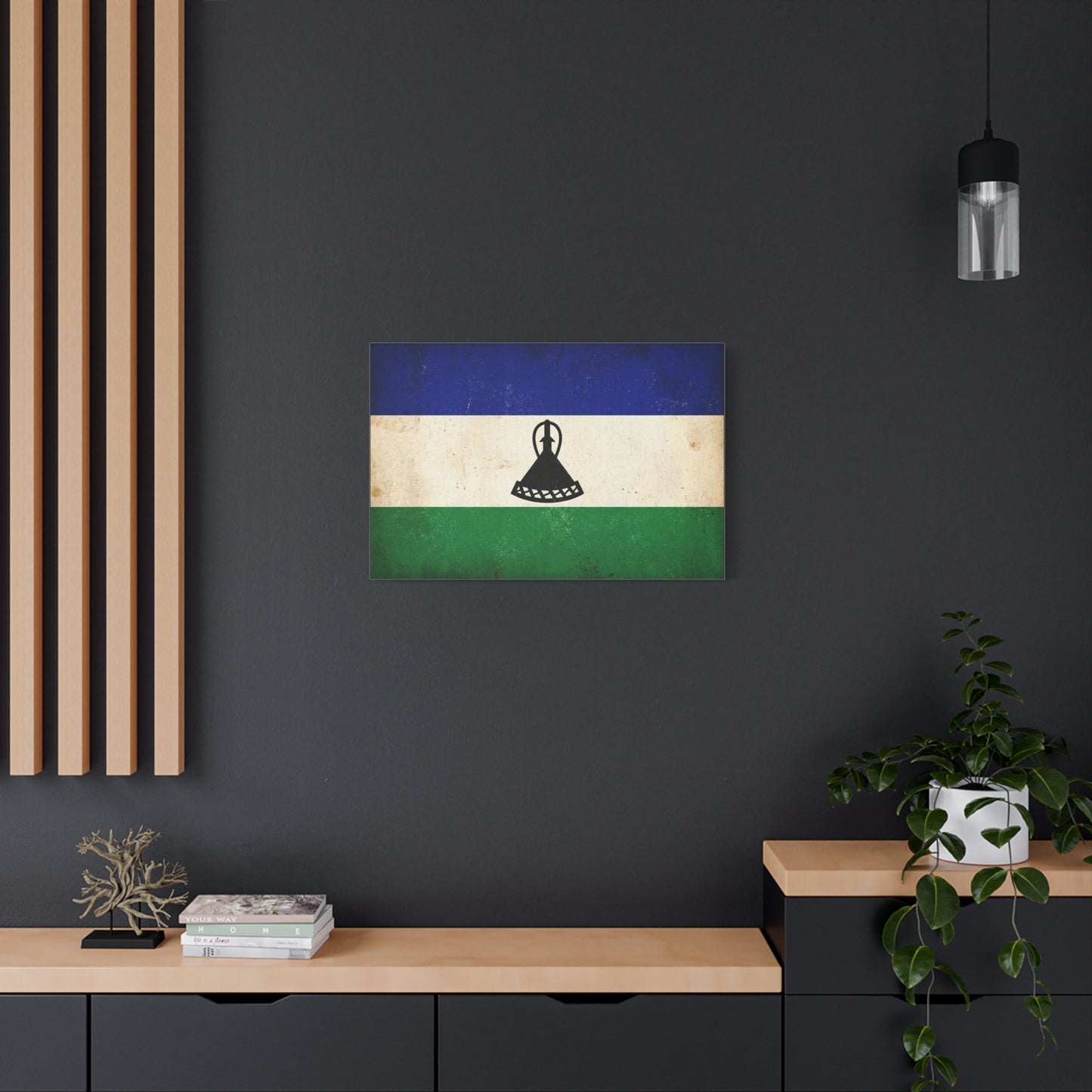 Lesotho Flag Canvas Wall Art - Vintage Blue White Green Tricolor With Basotho Hat Emblem, Distressed National Banner Print - Rustic Patriotic Decor For Living Room Bedroom Office - Office Wall Art
