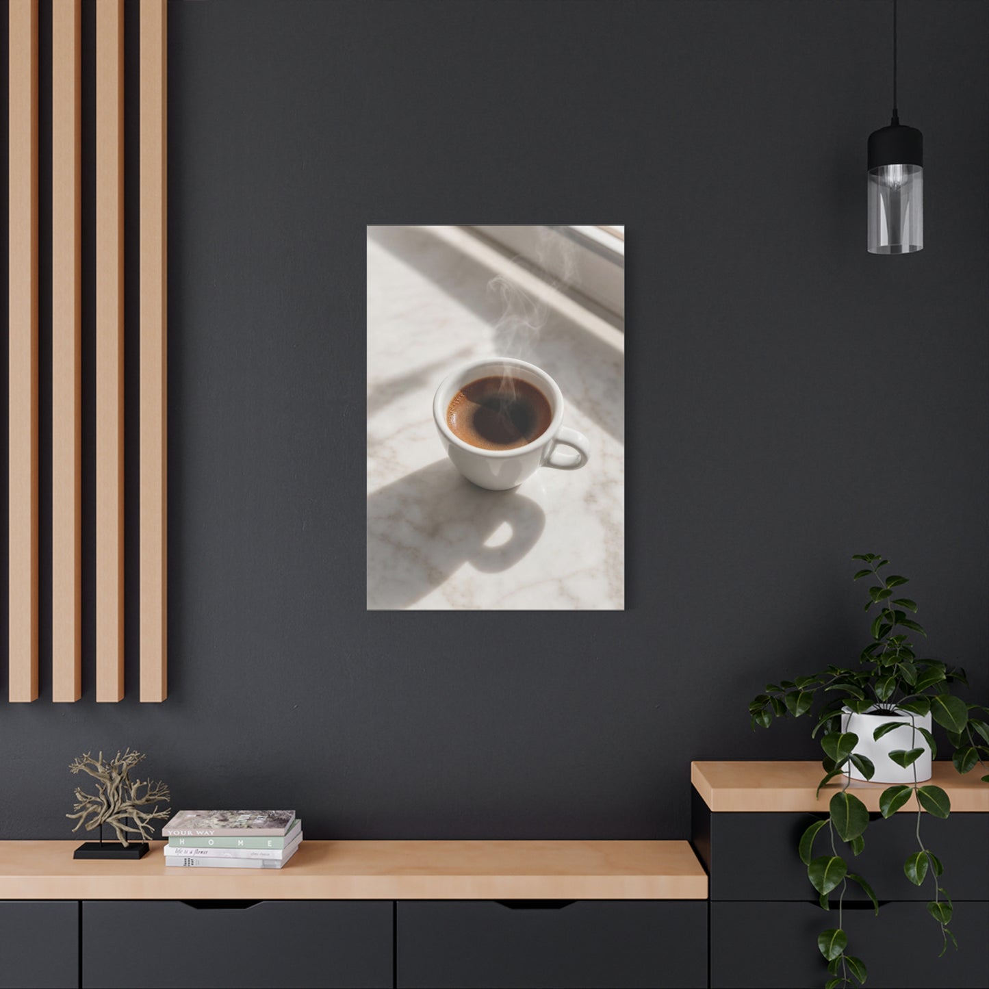 Steaming Espresso Coffee Cup Canvas Wall Art - Minimalist Sunlit Art Print, Matte Cotton Print - Contemporary Kitchen Decor, Dining Room Accent, Cafe Wall Decor, Office Art - Bedroom Home Decoration
