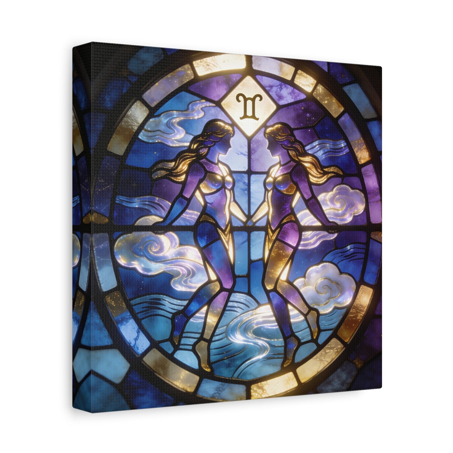 Gemini Zodiac Canvas Wall Art - Stained Glass Twin Women Celestial Print, Blue Purple Gold Astrology Decor - Modern Mystical Artwork - Bedroom Home Decoration Office Wall Art - Bedroom Home Decoration