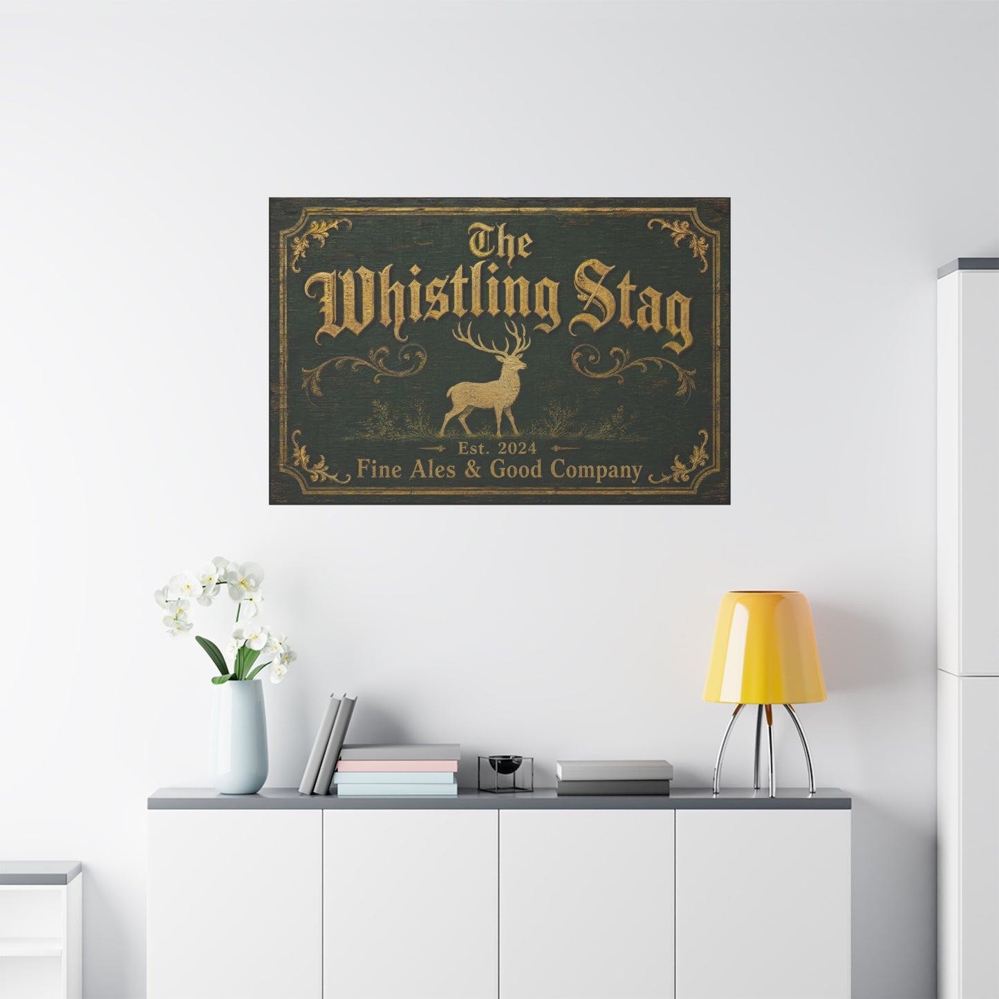 "The Whistling Stag" Canvas Wall Art - Vintage Deer Tavern Sign, Rustic Typography Print - Woodland Pub Style, Green And Gold - Bar Cart Accent - Ready to Hang - Pub Wall Art - Cocktail Lounge Decor
