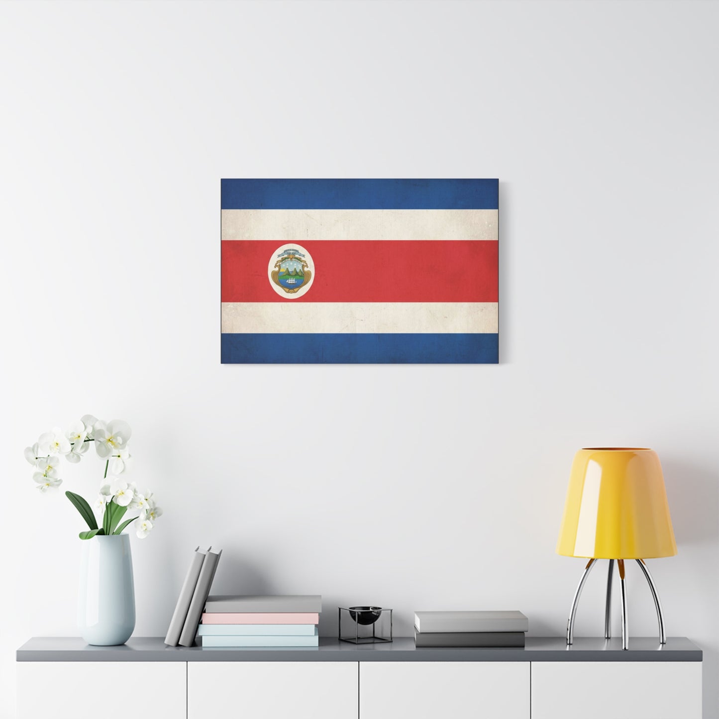Costa Rica Flag Canvas Wall Art - Vintage National Banner With Coat Of Arms - Patriotic Red White Blue Print - Cultural Heritage Decor For Living Room, Office, Dorm Wall Display - Ready to Hang