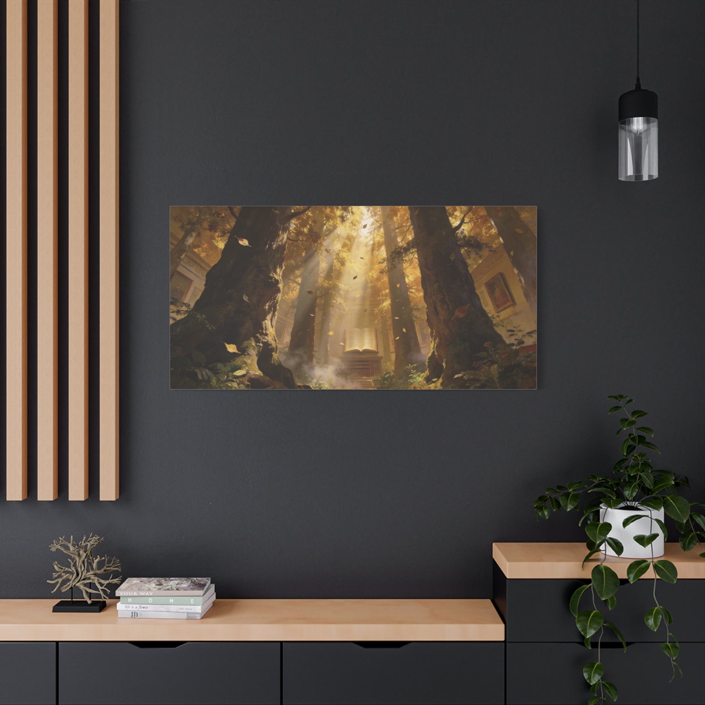 Enchanted Forest Library Canvas Wall Art - Sunbeams, Open Book, Autumn Trees - Matte Cotton Art Print - Fantasy Landscape Style - Living Room Wall Decor, Office Accent - Bedroom Home Decoration
