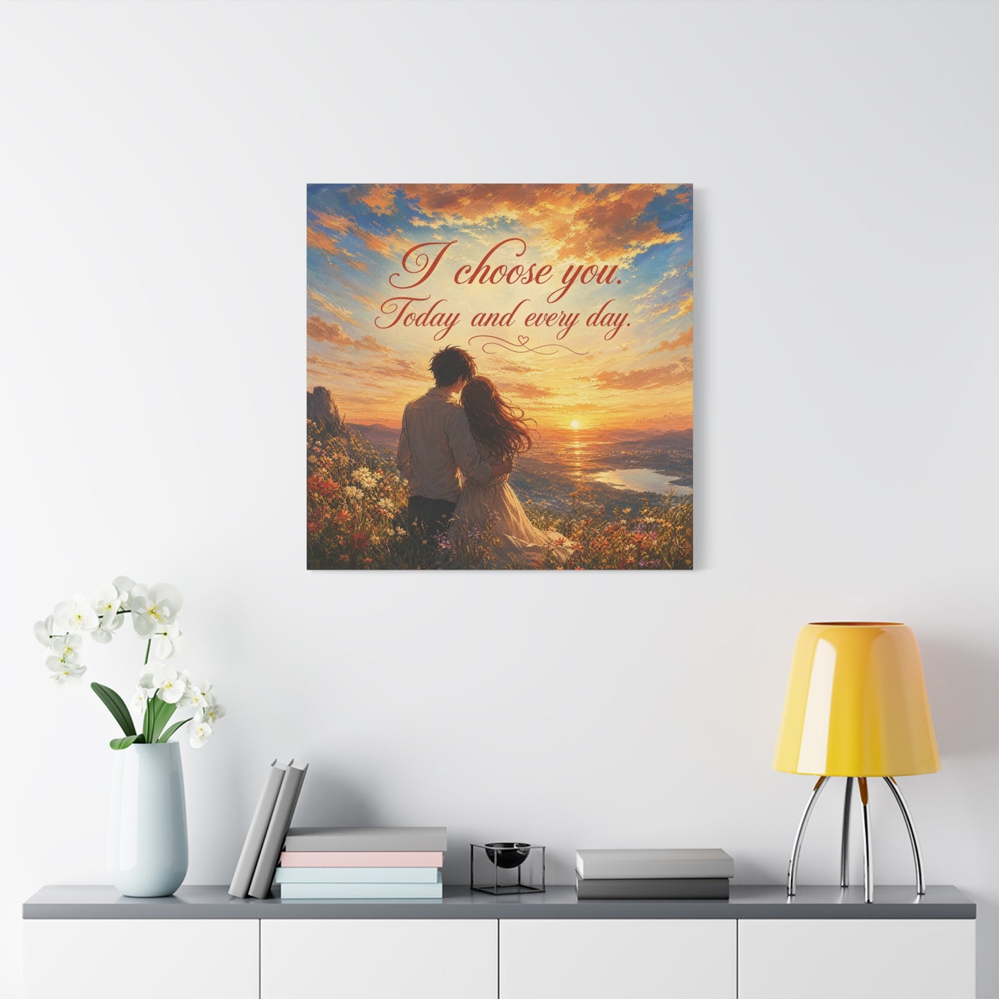 "I Choose You. Today And Every Day." Romantic Couple Canvas Wall Art - Sunset Love Quote Print, Golden Sky Landscape, Bedroom Wall Decor, Living Room Home Decoration - Ready to Hang - Ready to Hang