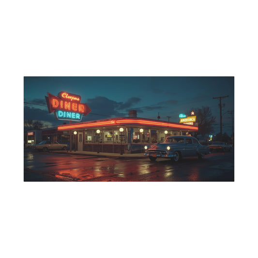 Neon Diner Canvas Wall Art - Retro American Diner Night Scene, Vintage Car Art Print - Moody Blue Glow, Contemporary Style - Living Room Wall Decor, Office Art - Bedroom Home Decoration
