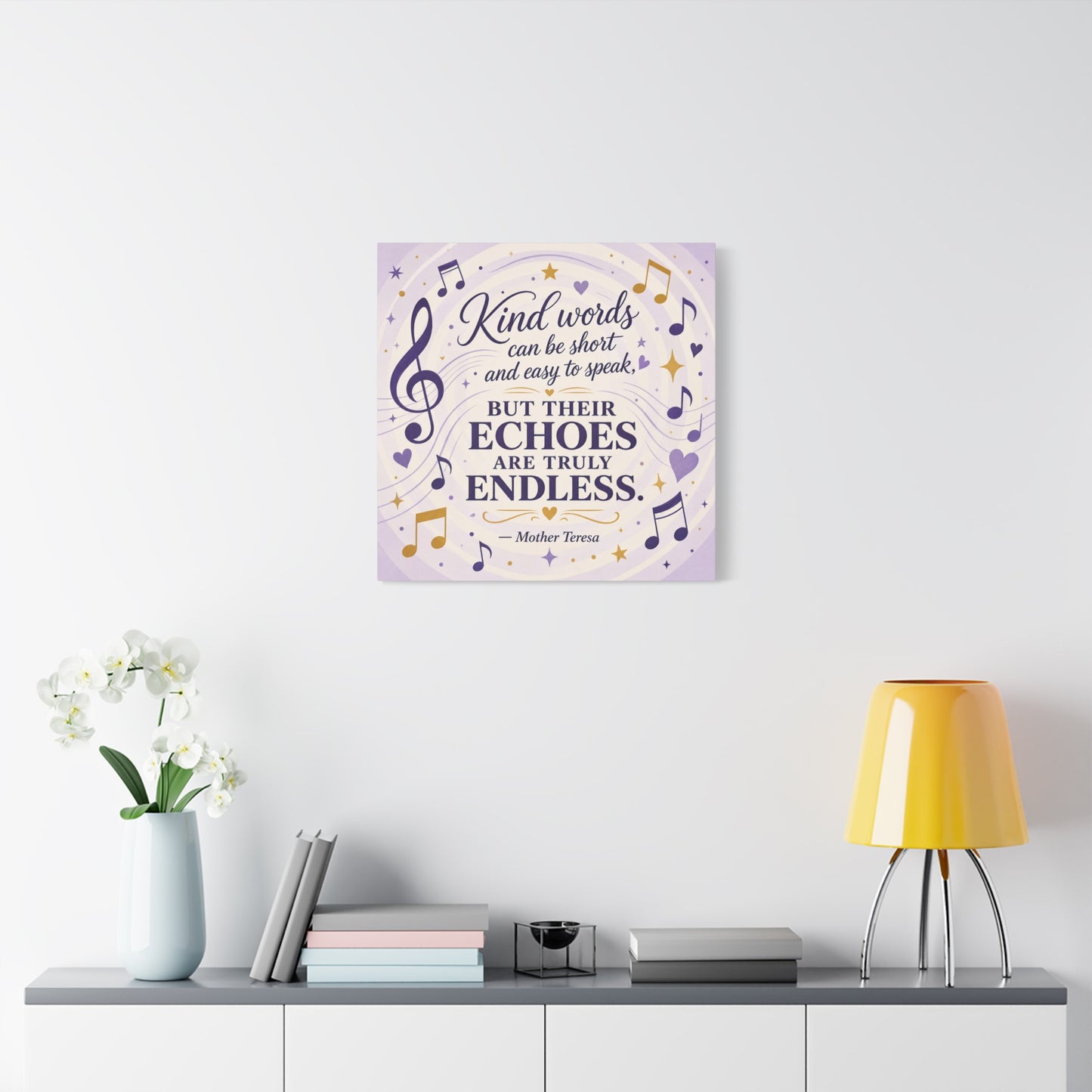 "Kind Words Can Be Short And Easy To Speak, But Their Echoes Are Truly Endless." Canvas Wall Art - Musical Quote Print, Lavender Gold Typography Decor - Bedroom Classroom Wall Hanging - Ready to Hang