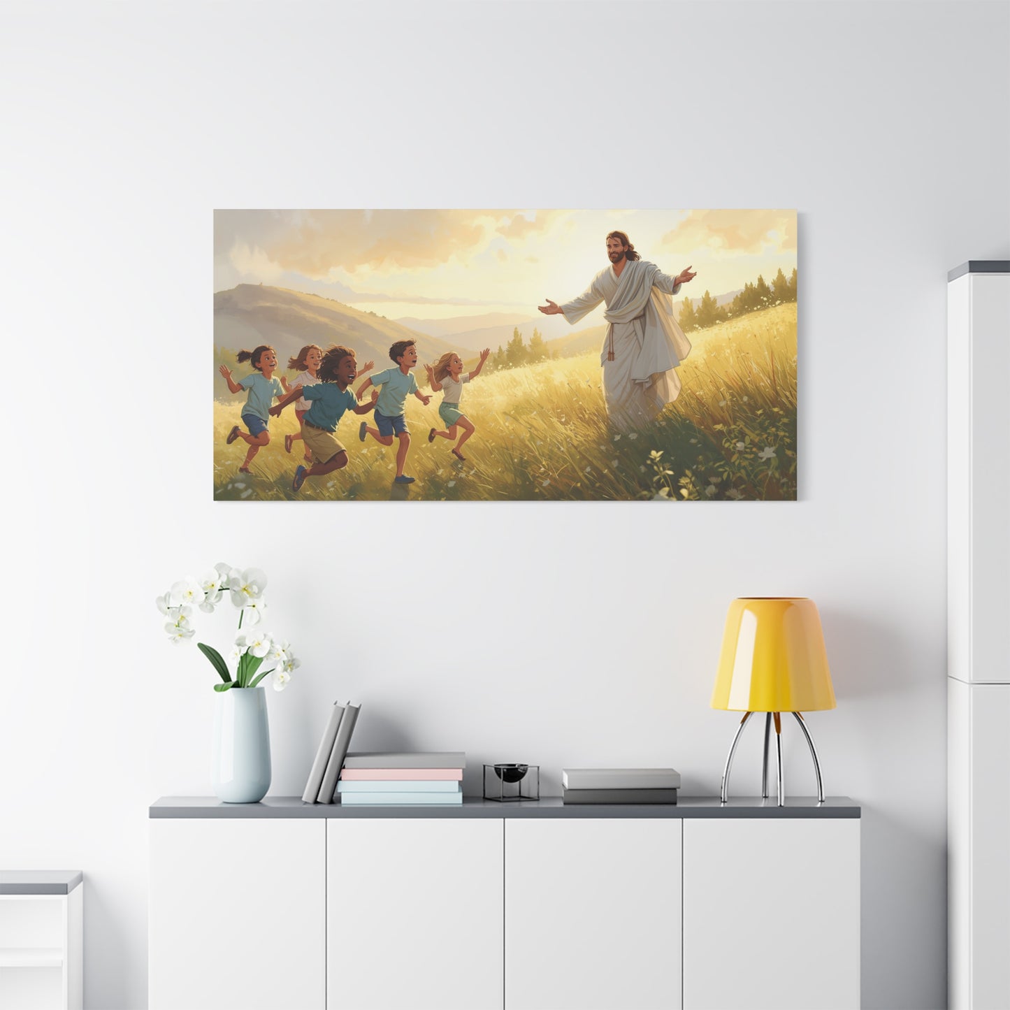 Jesus Christ With Children Canvas Wall Art - Golden Meadow Landscape, Christian Home Decor Print - Matte Cotton Canvas - Traditional Style For Living Room Bedroom Office - Living Room Wall Decor