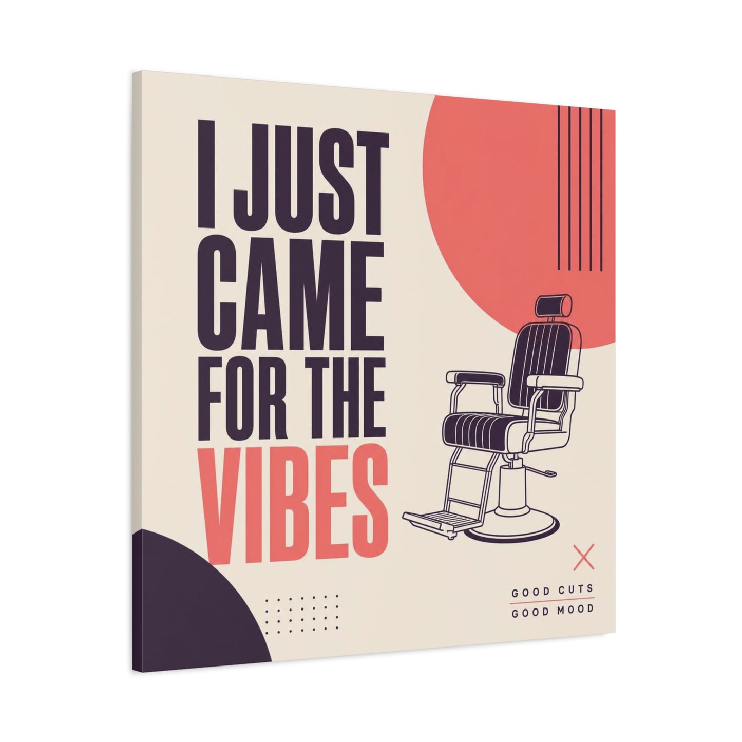 "I Just Came For The Vibes" Typography Canvas Wall Art - Barber Chair Line Illustration, Coral And Black Modern Salon Wall Decor - Minimalist Quote Print For Barbershop Lobby Workspace - Ready to Hang