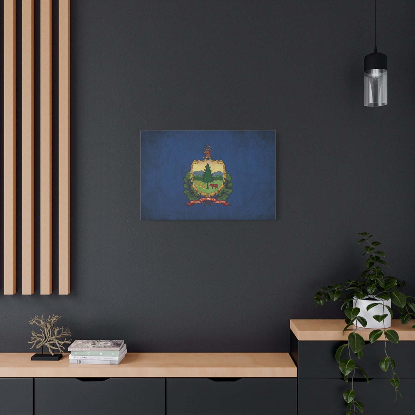 "VERMONT" State Flag Canvas Wall Art - Freedom And Unity Deer Crest Print - Vintage Blue Banner, Rustic Americana Style - Living Room Wall Decor, Office Decoration - Ready to Hang - Ready to Hang