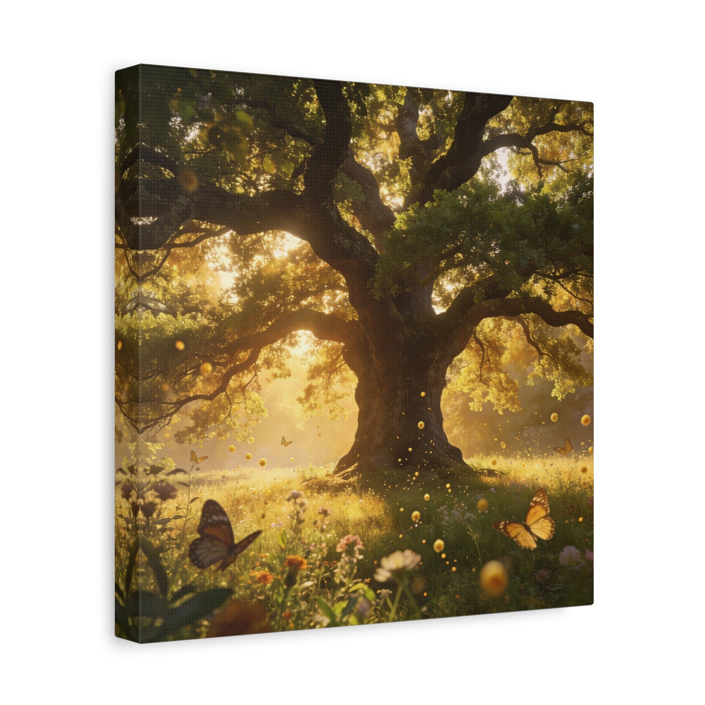 Sunlit Oak Tree Canvas Wall Art - Golden Meadow Butterflies, Nature Landscape Print - Matte Cotton Art Print, Traditional Style - Living Room Wall Decor, Bedroom Home Decoration - Ready to Hang