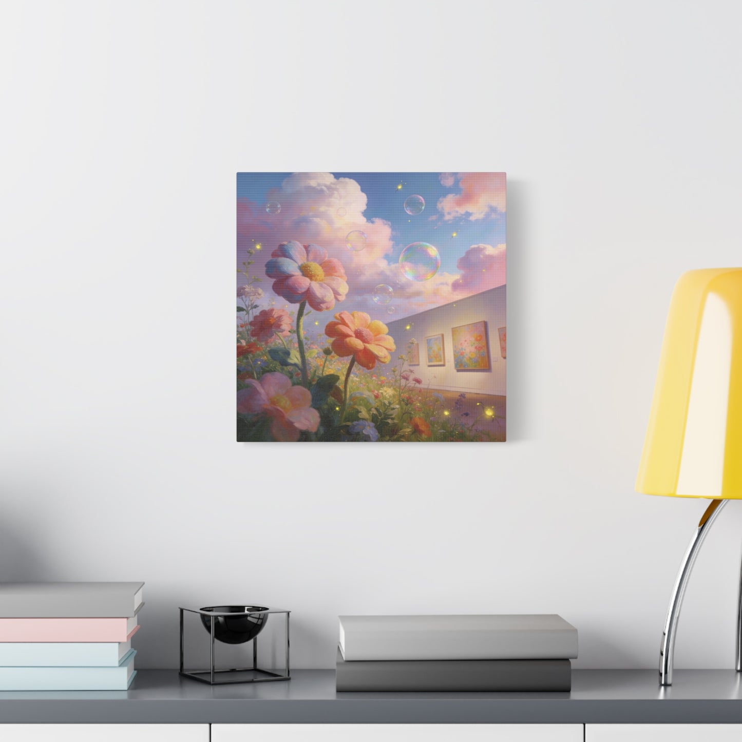 Dreamy Floral Canvas Wall Art - Pastel Wildflower Sky With Iridescent Bubbles, Firefly Glow - Whimsical Matte Canvas Print - Contemporary Bedroom Wall Decor, Living Room Accent - Cozy Reading Nook Art