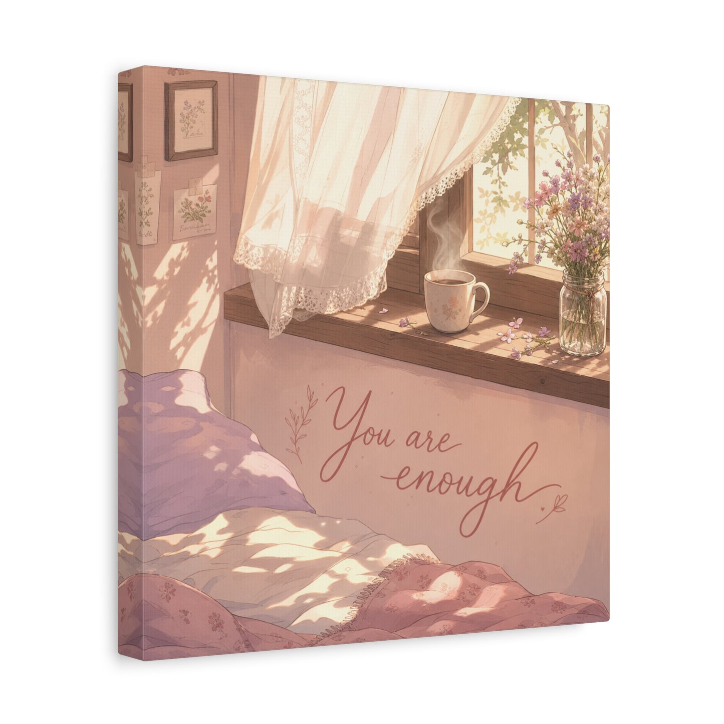 "You Are Enough" Inspirational Canvas Wall Art - Sunlit Bedroom Window Flowers, Cozy Pink Cottagecore Decor - Matte Affirmation Print - Bedroom Home Decoration, Teen Room Accent - Office Wall Art