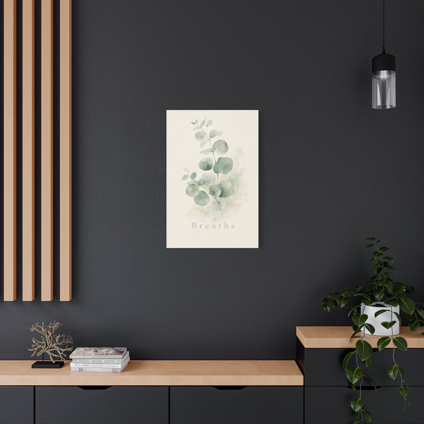 "Breathe" Eucalyptus Canvas Wall Art - Minimalist Botanical Sage Green Wall Decor - Watercolor Leaf Home Decoration - Bedroom Bathroom Spa Style - Calm Nature Print For Living Room - Ready to Hang