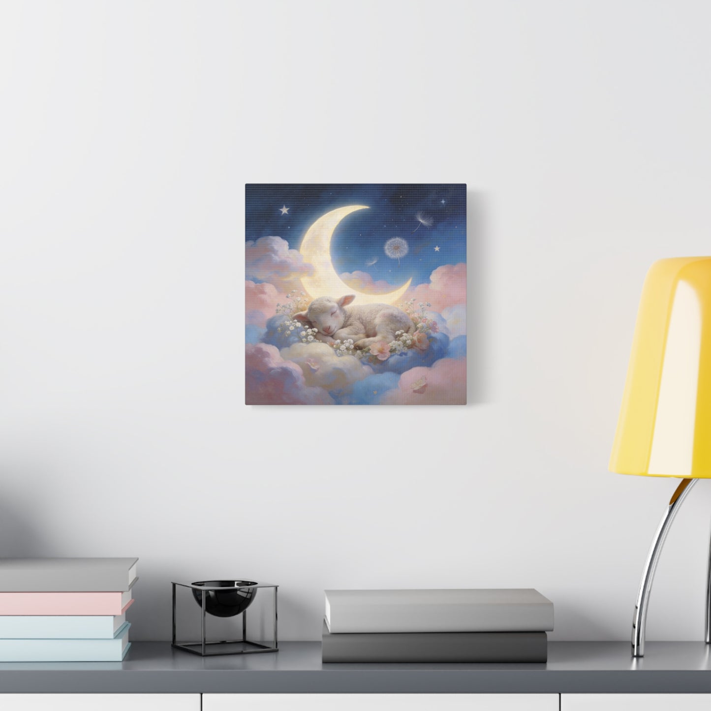 Sleeping Lamb Canvas Wall Art - Crescent Moon, Stars, Pink Clouds Nursery Decor - Dreamy Pastel Animal Painting, Bedroom Home Decoration, Bohemian Wall Hanging, Kids Room Accent - Ready to Hang