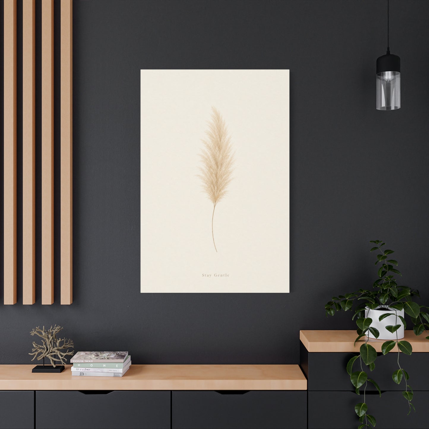 "Stay Gentle" Pampas Grass Canvas Wall Art - Minimalist Botanical Beige Neutral Print - Soft Contemporary Wall Decor - Bedroom Home Decoration, Living Room Accent, Meditation Space - Ready to Hang