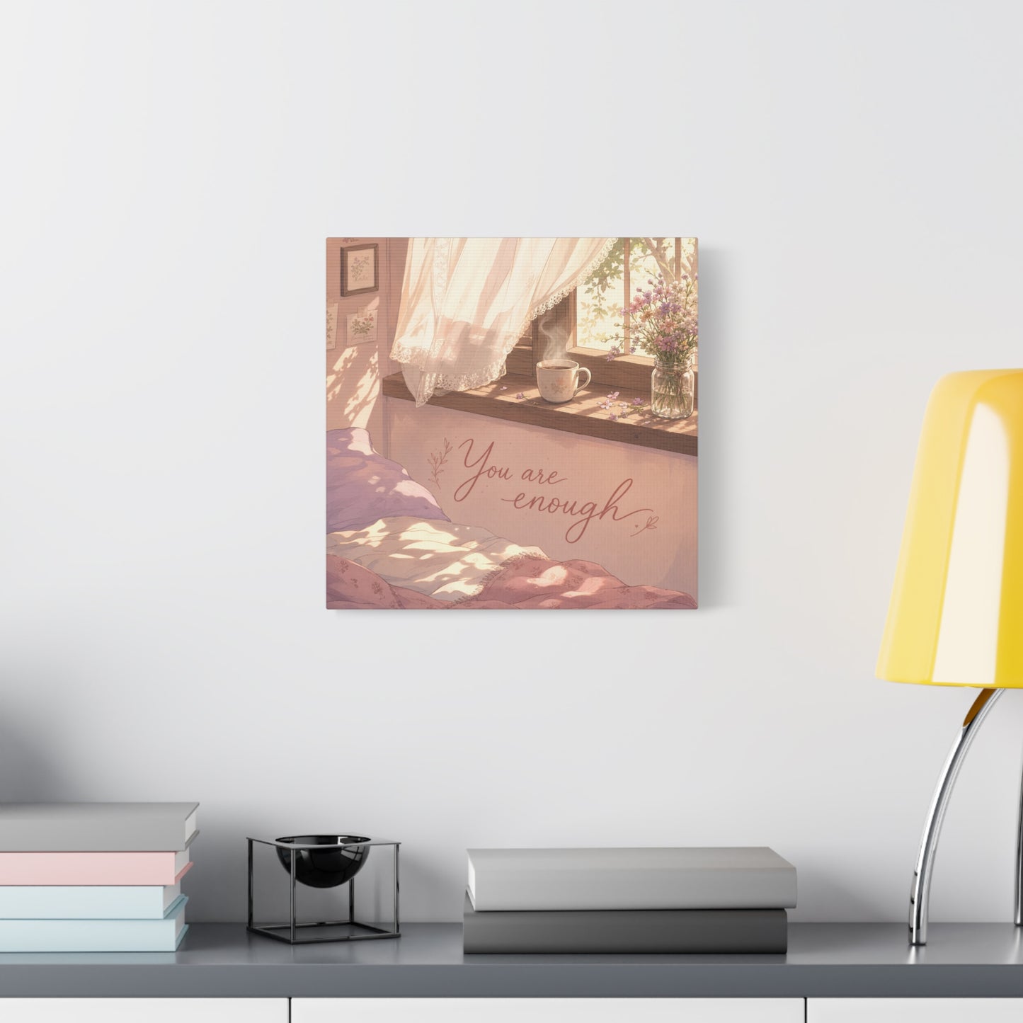 "You Are Enough" Inspirational Canvas Wall Art - Sunlit Bedroom Window Flowers, Cozy Pink Cottagecore Decor - Matte Affirmation Print - Bedroom Home Decoration, Teen Room Accent - Office Wall Art