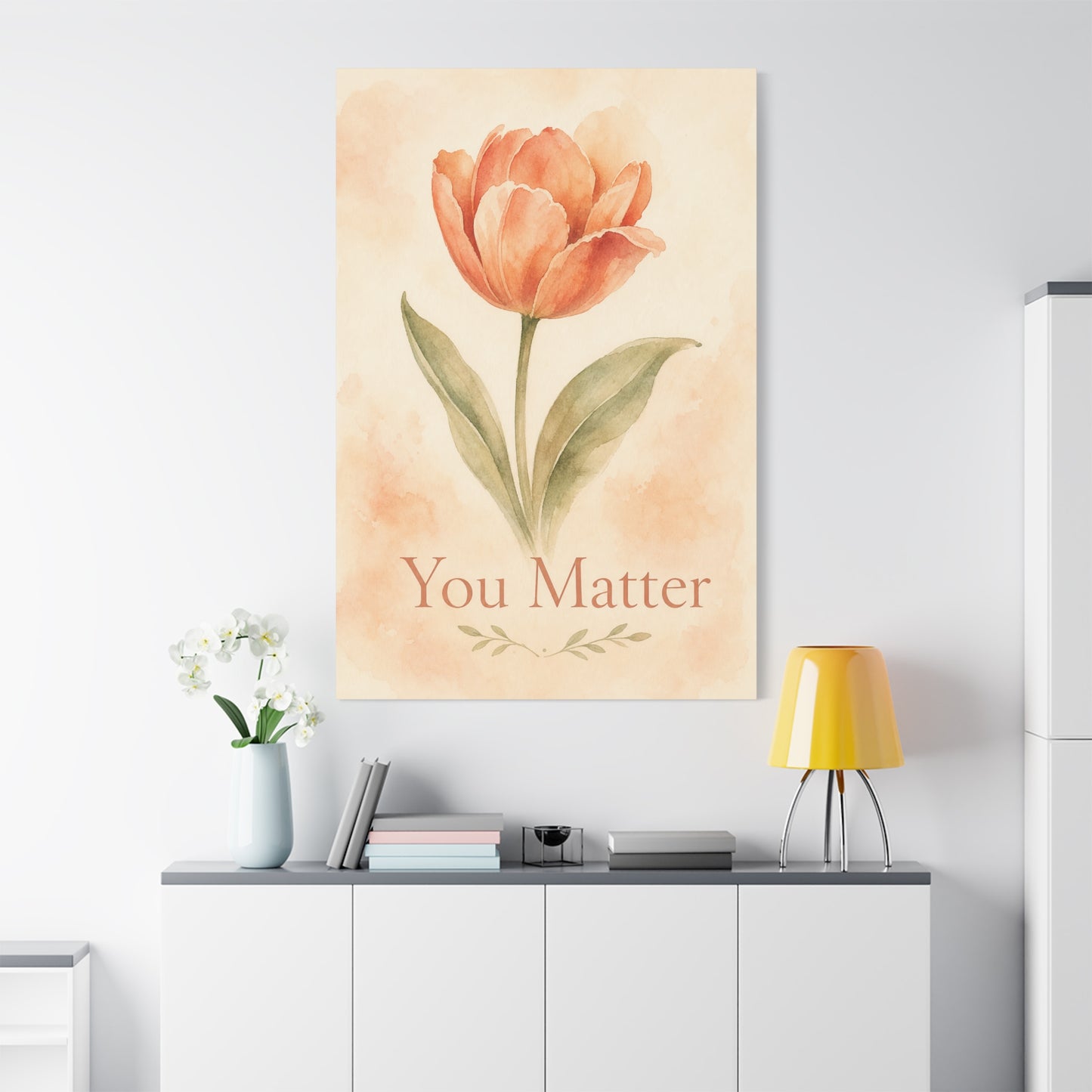 "You Matter" Tulip Canvas Wall Art - Watercolor Floral Inspirational Print - Soft Peach Botanical Home Decor - Bedroom Wall Hanging, Living Room Decoration - Bedroom Home Decoration - Ready to Hang